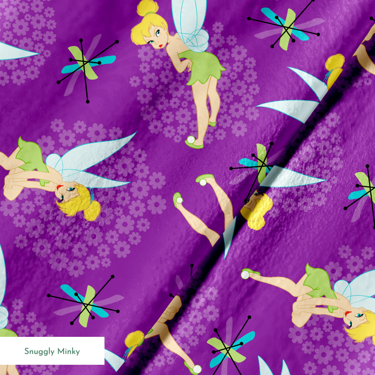 Repeating Tinker Bell pattern in green dresses on purple background springs minky texture