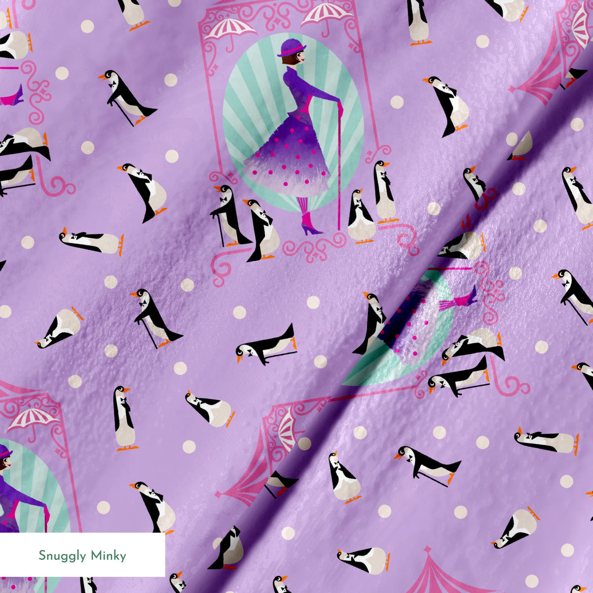 Playful pattern of penguins, Mary Poppins, and purple umbrellas on lavender background with white polka dots springs minky texture
