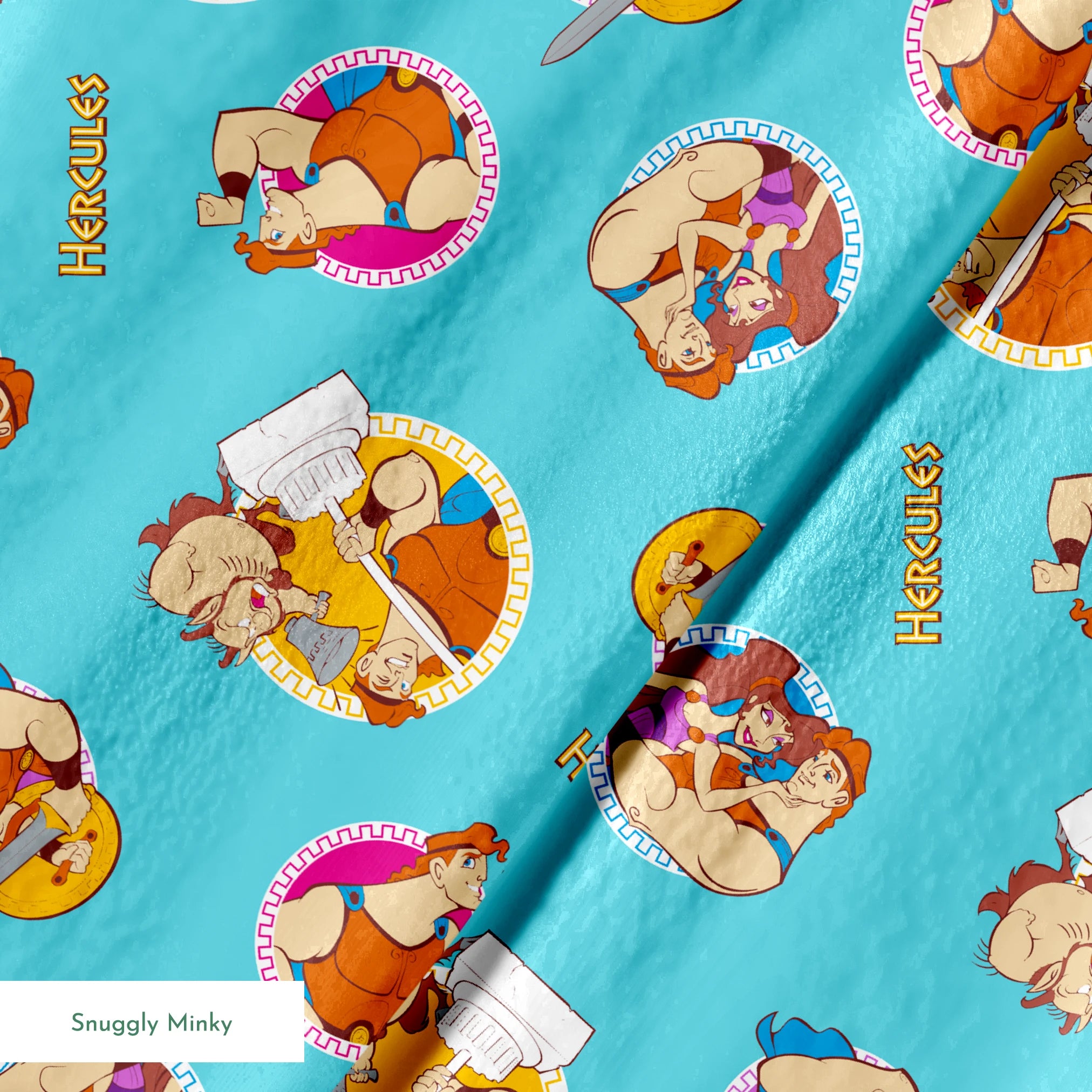 Cartoon characters from Hercules arranged in circular patterns on light blue background springs minky texture