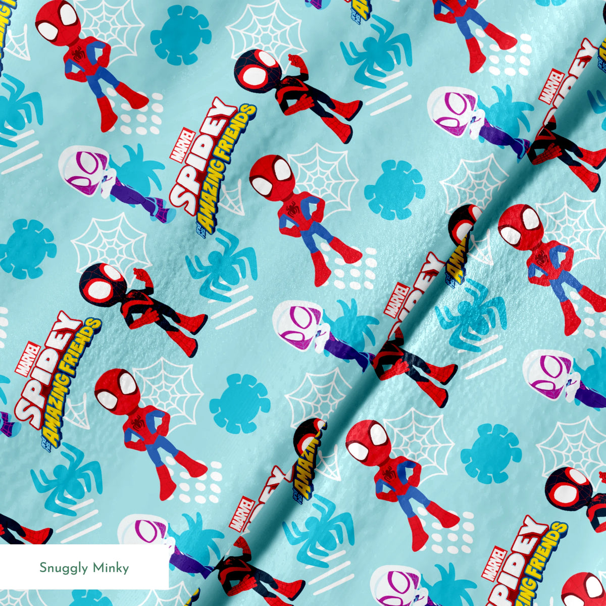 Marvel Spider-Man cartoon characters on blue background with spider webs and logos, featuring different Spider-Man costume variants. springs minky texture