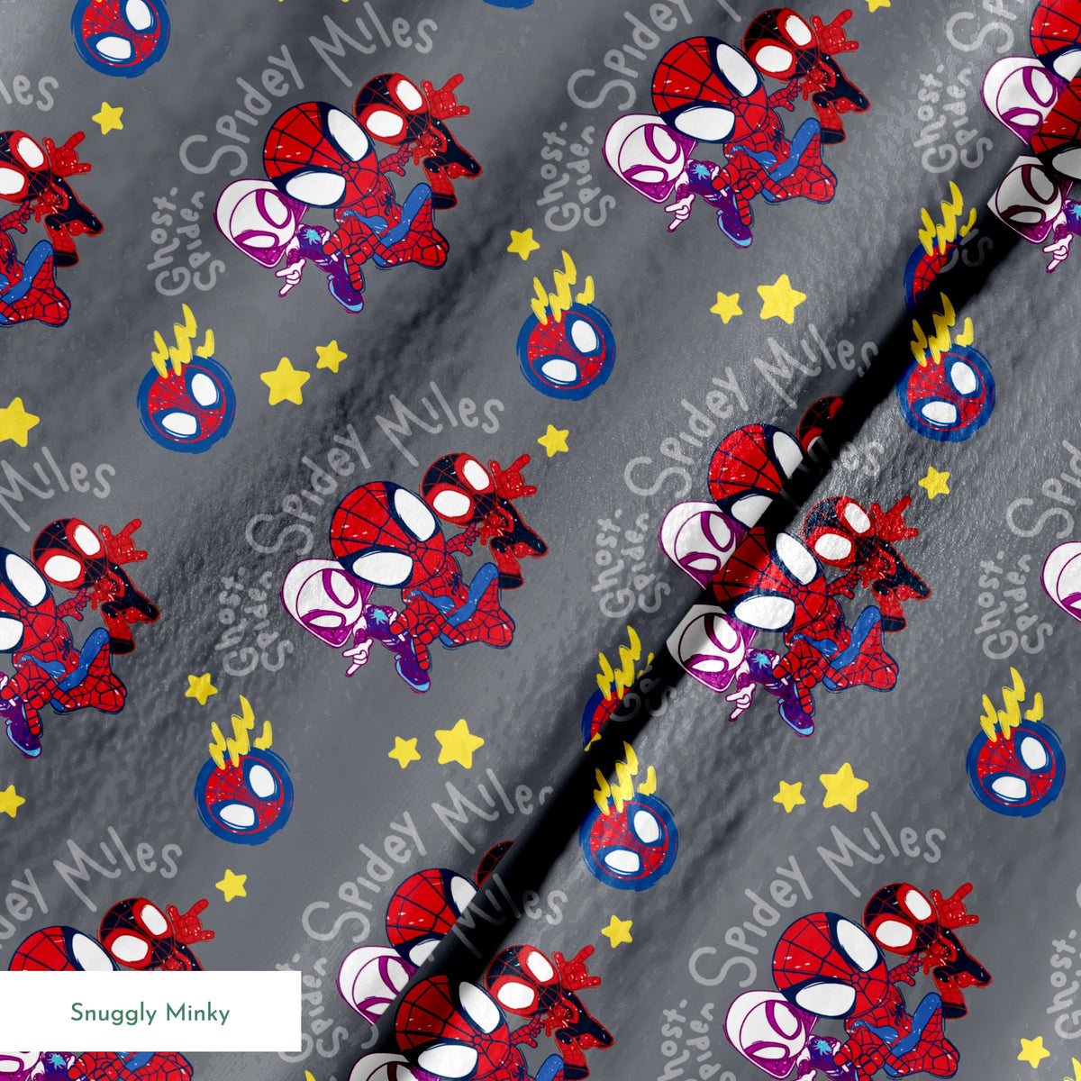 Cartoon Spider-Man characters pattern with stylized spider heroes and yellow stars on gray background springs minky texture