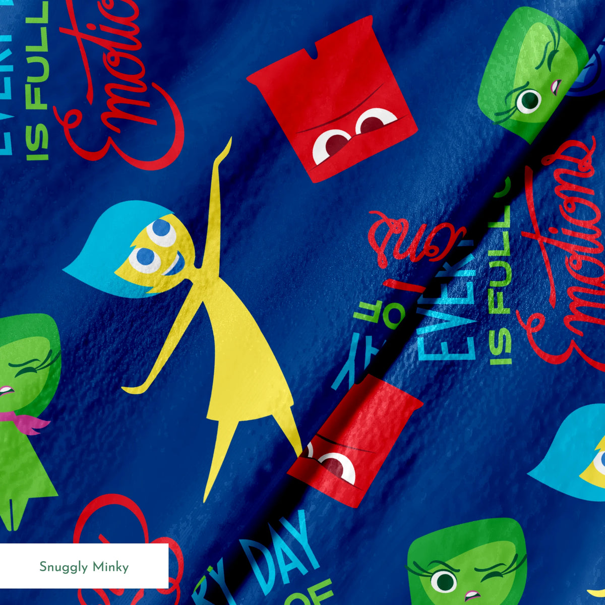 Colorful cartoon character pattern on blue background with characters from Inside Out movie and text phrases springs minky texture