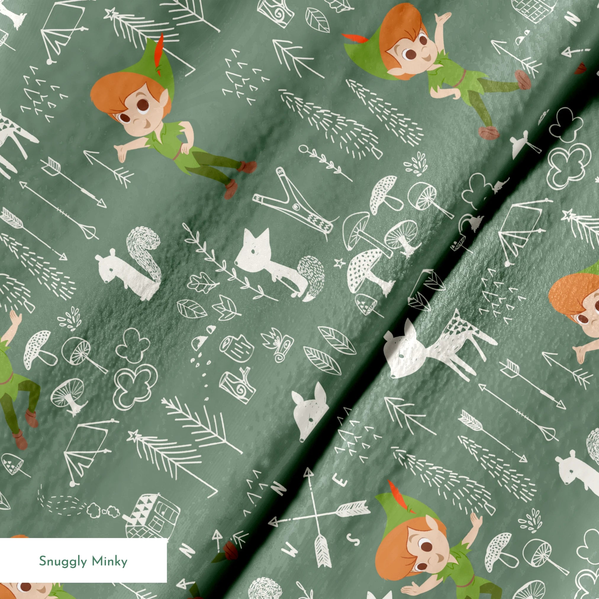 Illustrated forest pattern with cartoon characters in green outfits, white animals, and woodland elements on sage background. springs minky texture