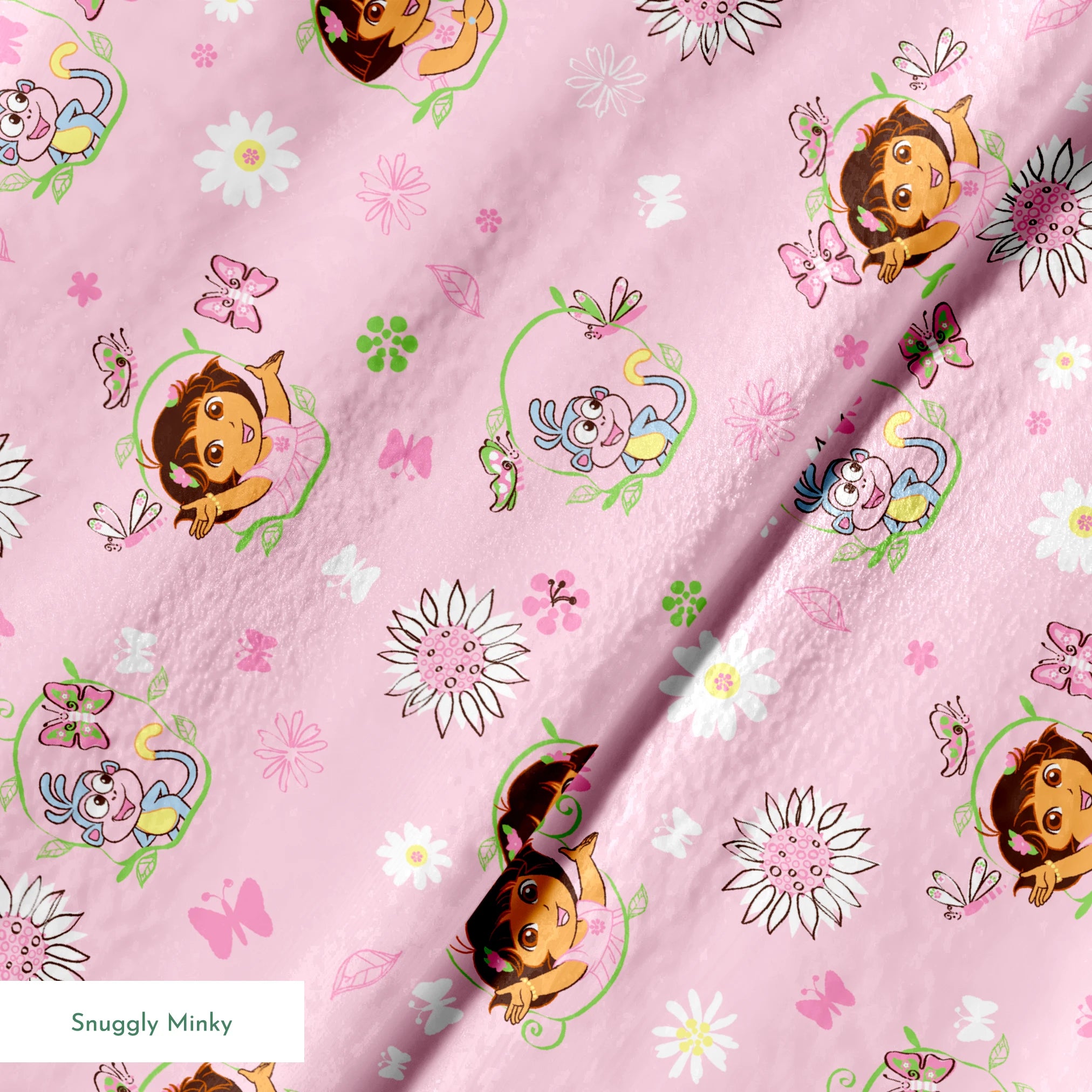 Pink background with Dora the Explorer characters, white daisies and purple butterflies scattered throughout springs minky texture