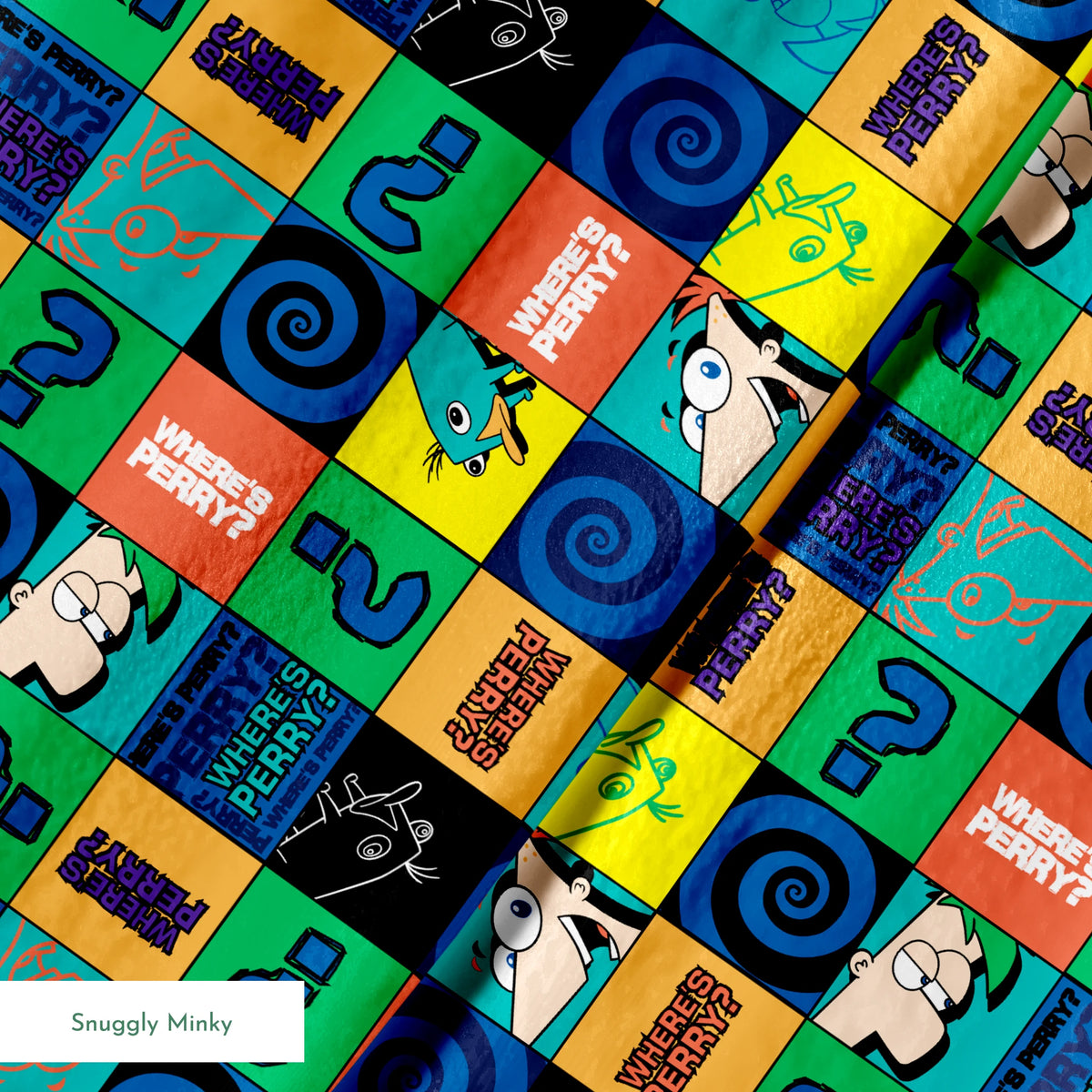Colorful grid pattern with Phineas and Ferb cartoon characters, logos, question marks, and spirals in blue, green, and orange squares. springs minky texture