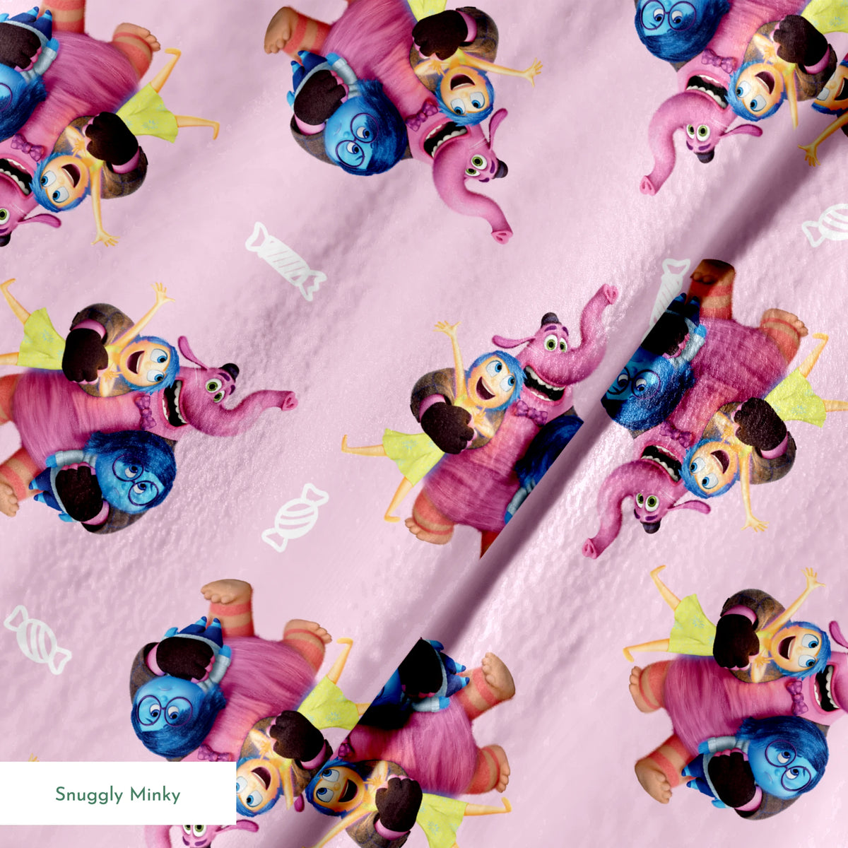 Repeating pattern of Inside Out characters on a lavender background springs minky texture