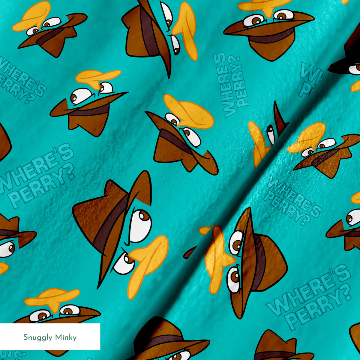 Pattern of cartoon character faces with brown fedora hats on teal background with "Where's Perry" text springs minky texture