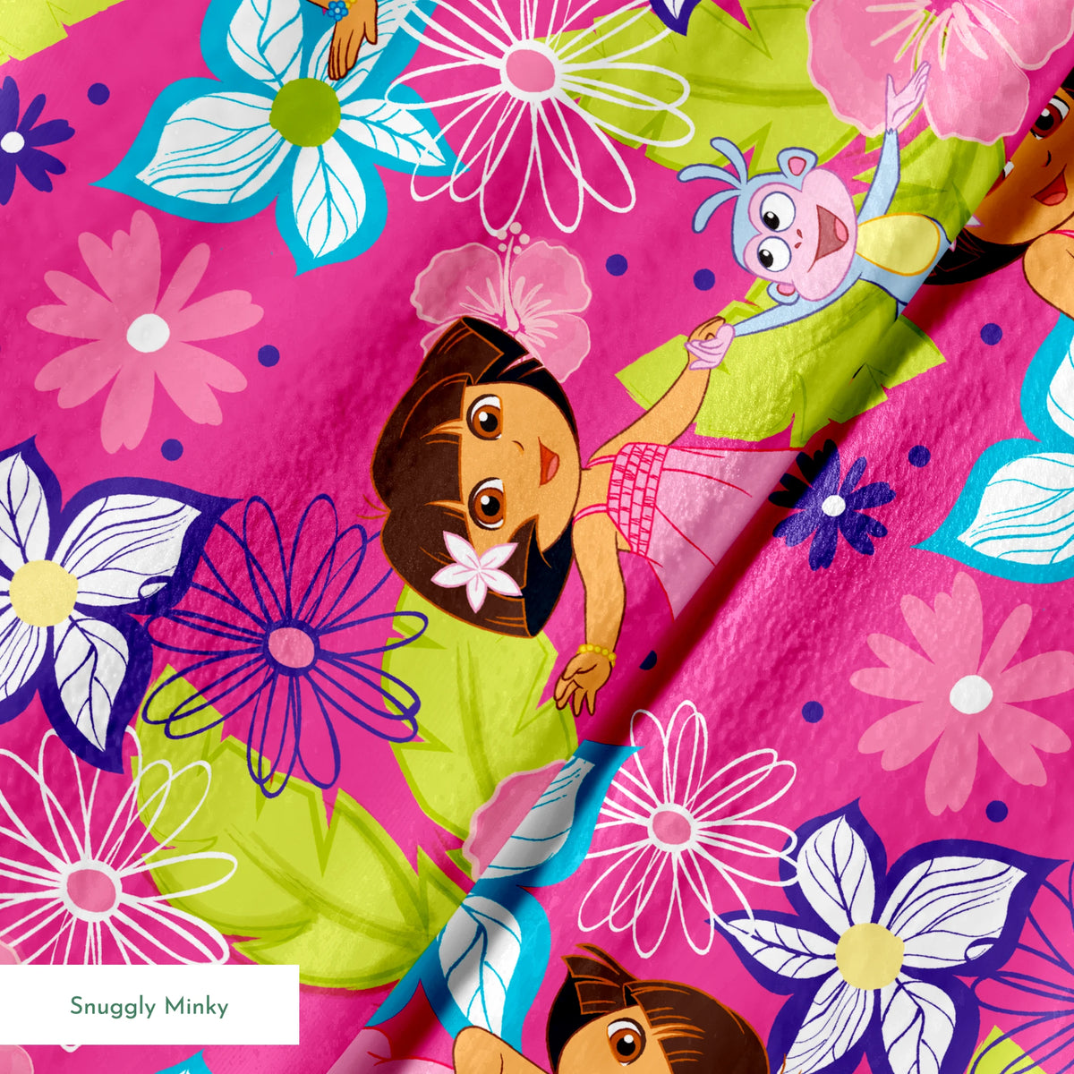Colorful cartoon pattern with Dora the Explorer characters among vibrant flowers on pink background springs minky texture