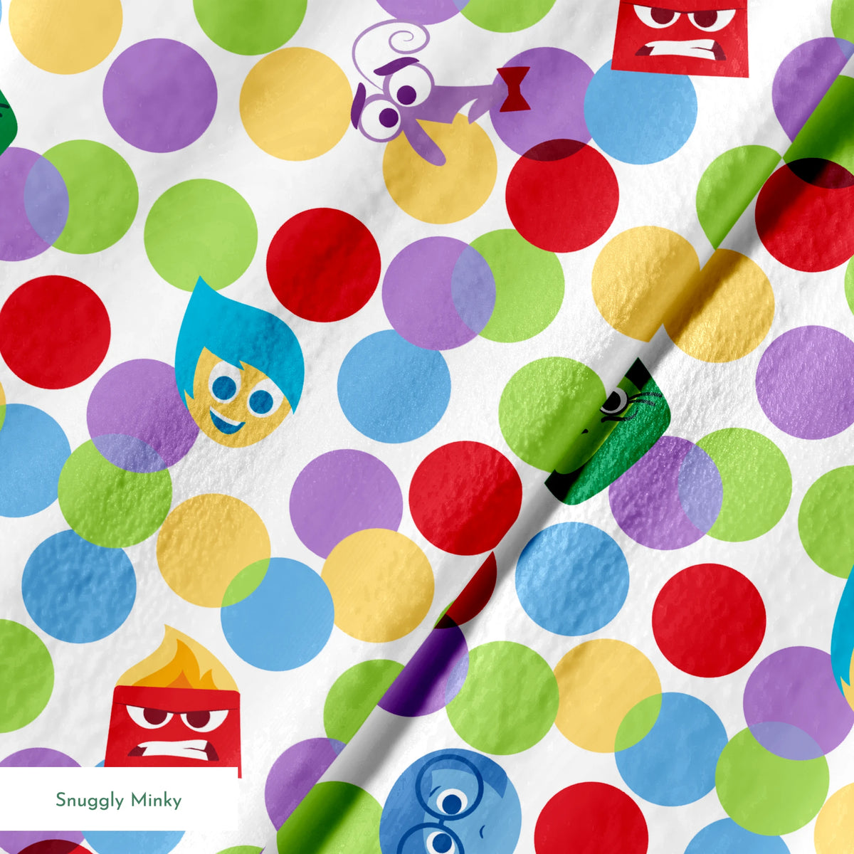 Colorful pattern with Inside Out characters scattered among multicolored polka dots springs minky texture