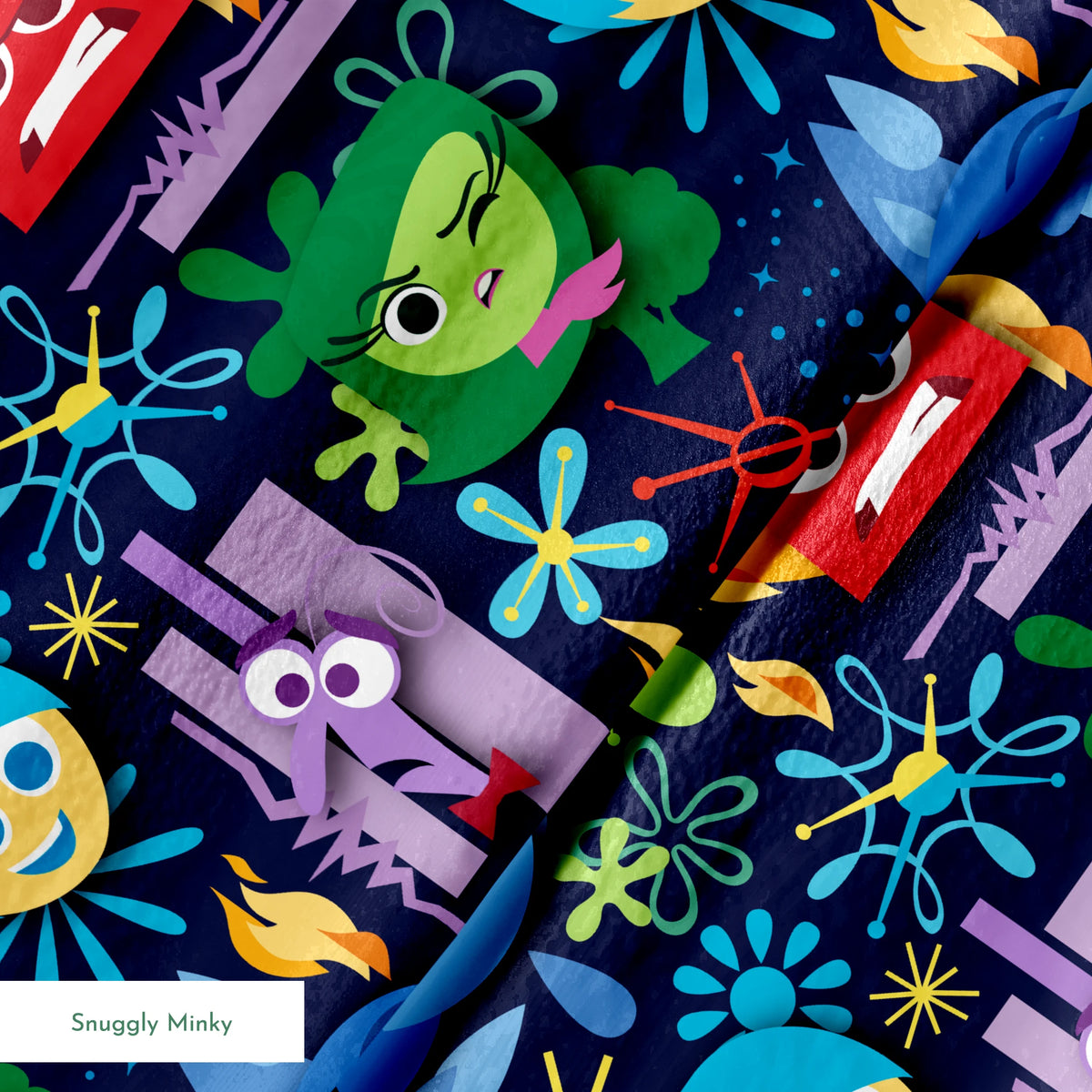 Colorful Inside Out characters with blue, red, green faces and abstract shapes on dark background springs minky texture