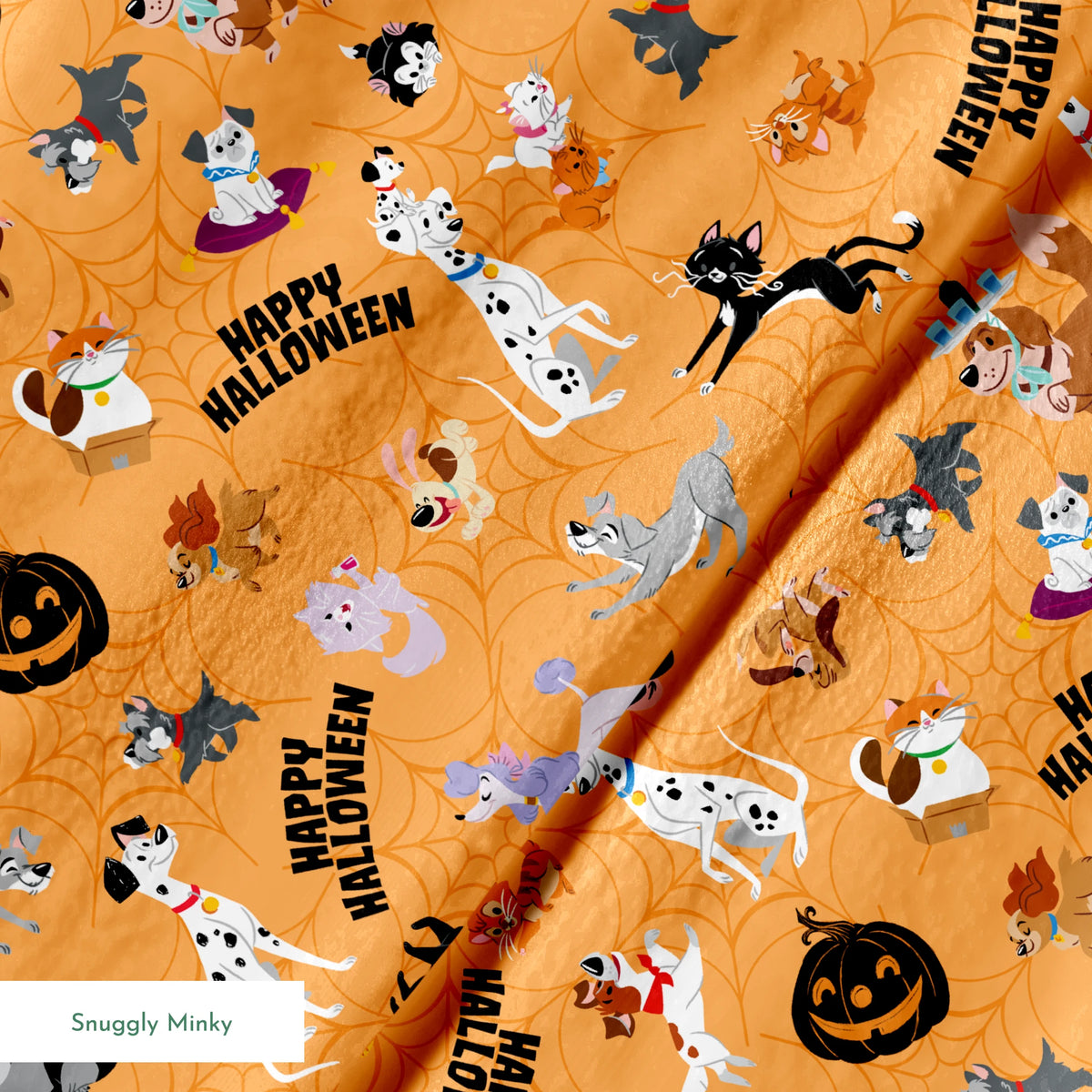 Cartoon dogs in Halloween pattern with pumpkins and "Happy Halloween" text on orange background springs minky texture
