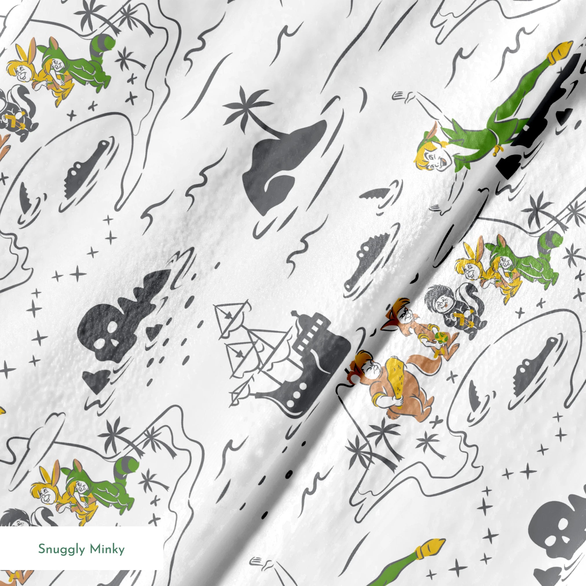 Peter Pan-inspired pattern with islands, ships, mermaids, compass roses, and pirate symbols in green, orange, and gray on white background springs minky texture