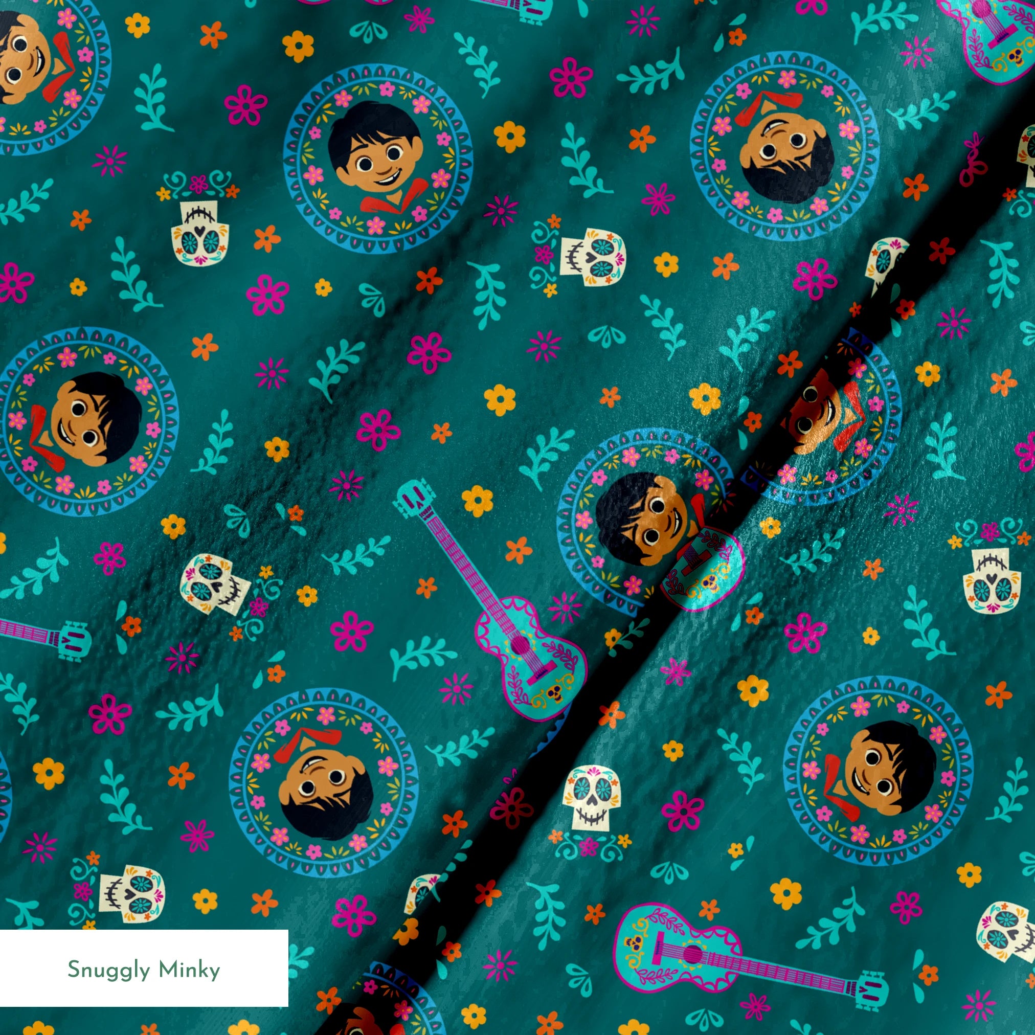 Colorful Coco-inspired pattern with guitars, sugar skulls, circular portraits, and floral elements on teal background. springs minky texture