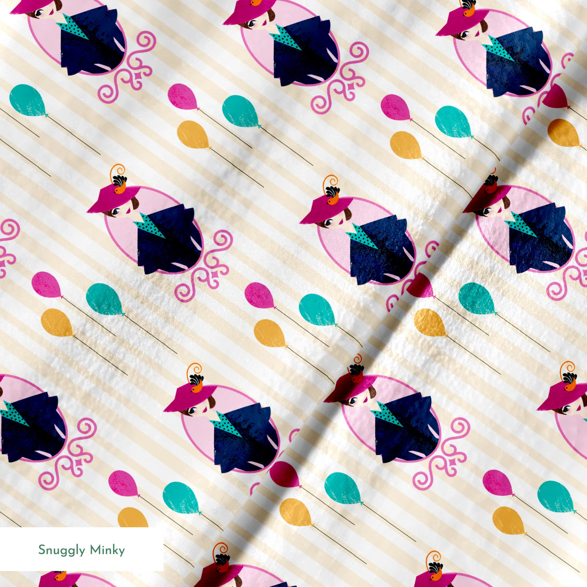 Mary Poppins displayed in decorative frames with colorful balloons against striped background springs minky texture