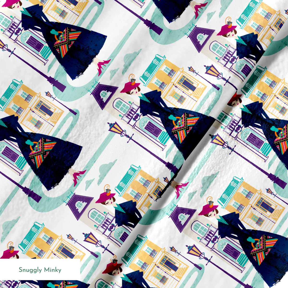 Illustrated pattern of Mary Poppins, standing among pastel townhouses and streetlamps. springs minky texture