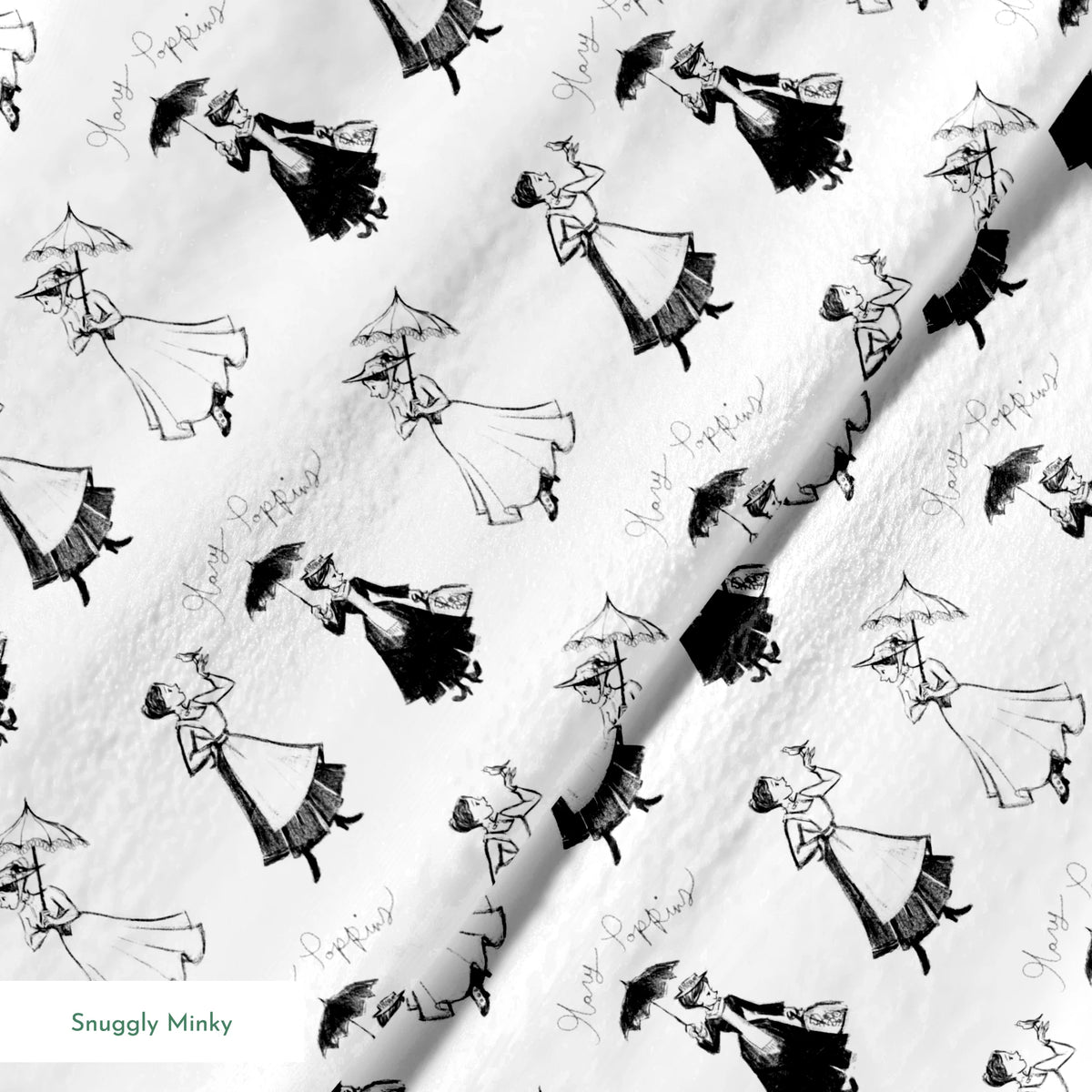 Sketchy illustration pattern of Mary Poppins, shown in various poses in black and white springs minky texture