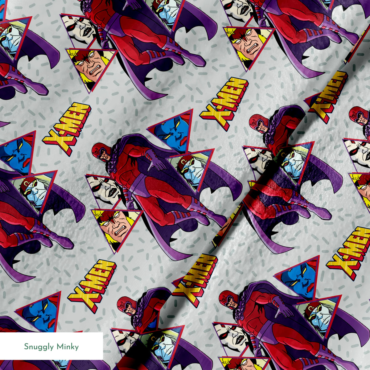 X-Men comic pattern with Magneto in purple and red costume against gray background with character portraits springs minky texture