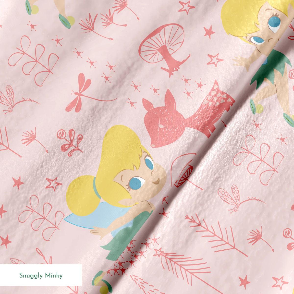 Pink whimsical pattern with cartoon fairy characters, forest animals, mushrooms, and plants in pastel colors springs minky texture