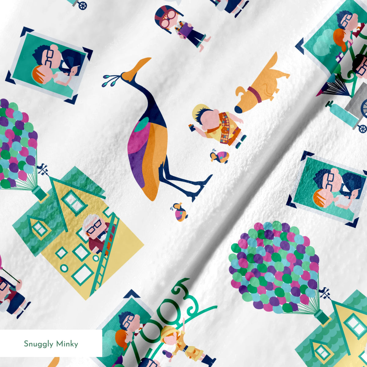 Colorful illustrated Up-inspired zoo pattern with cartoon characters, houses with balloons, peacocks, and family portraits on white background. springs minky texture