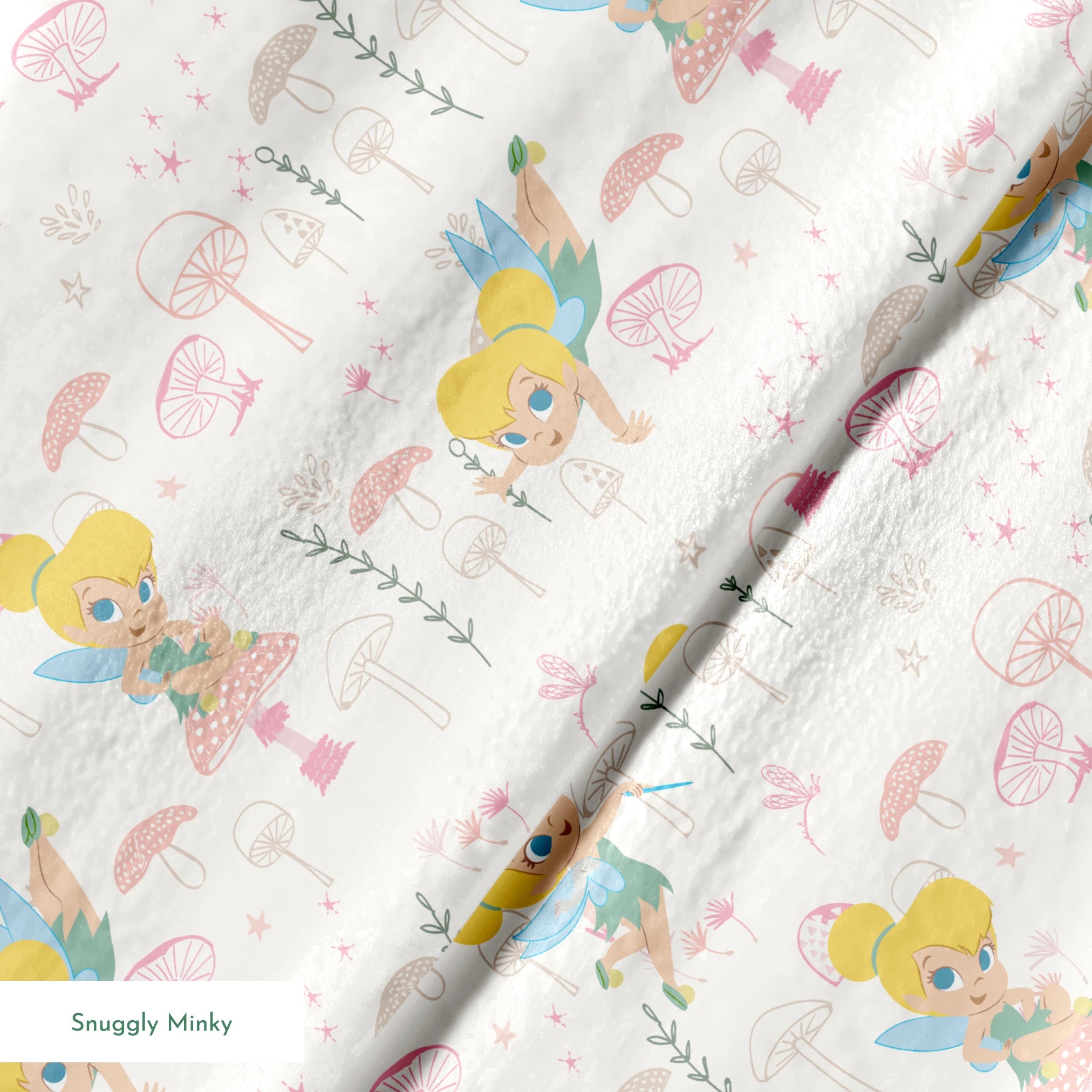 Whimsical pattern with cartoon fairy characters and pink mushrooms against a cream background springs minky texture