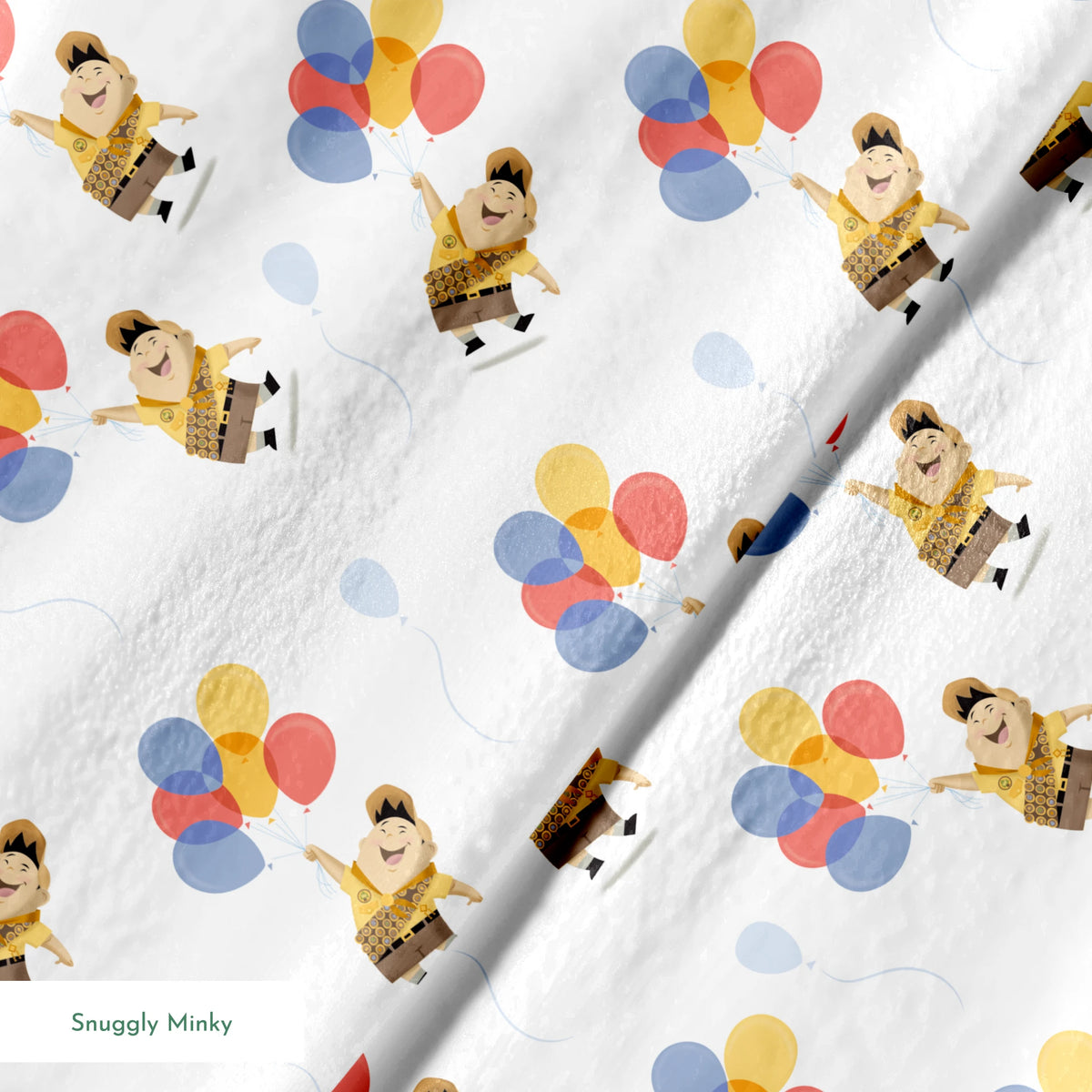 Up's Russell in explorer outfit floating with colorful balloons on white background pattern springs minky texture