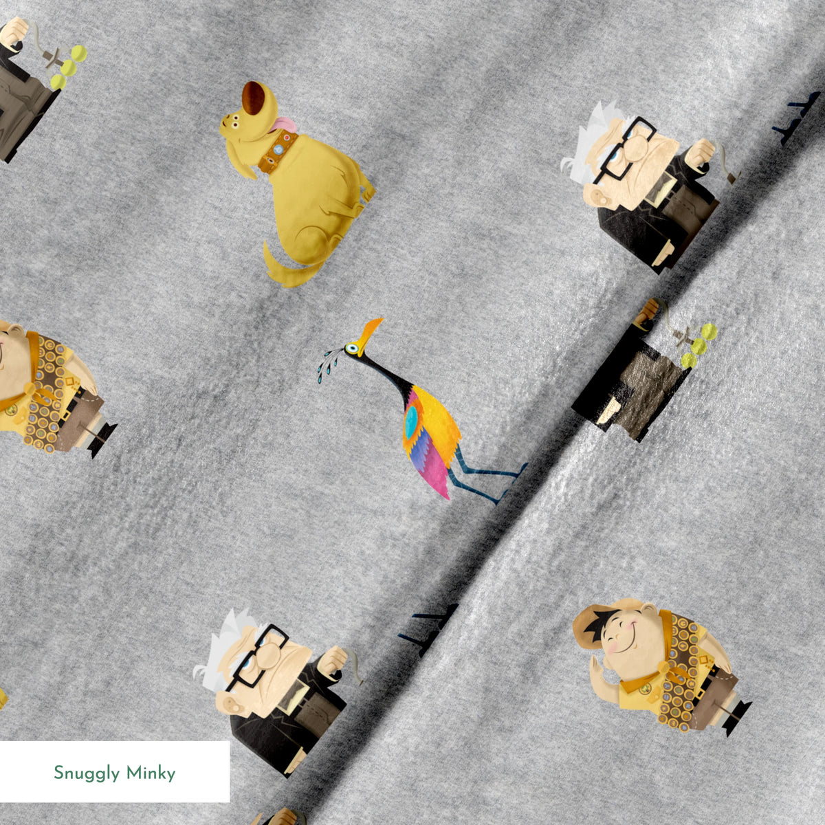 Up pattern with wilderness explorer characters, yellow birds, and colorful details on gray background springs minky texture