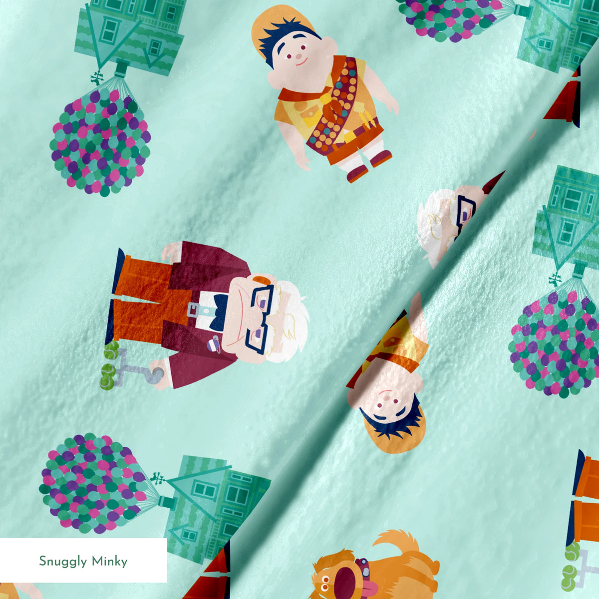 Cartoon pattern on mint background featuring characters from Pixar's "Up" with balloons, houses, and colorful elements springs minky texture