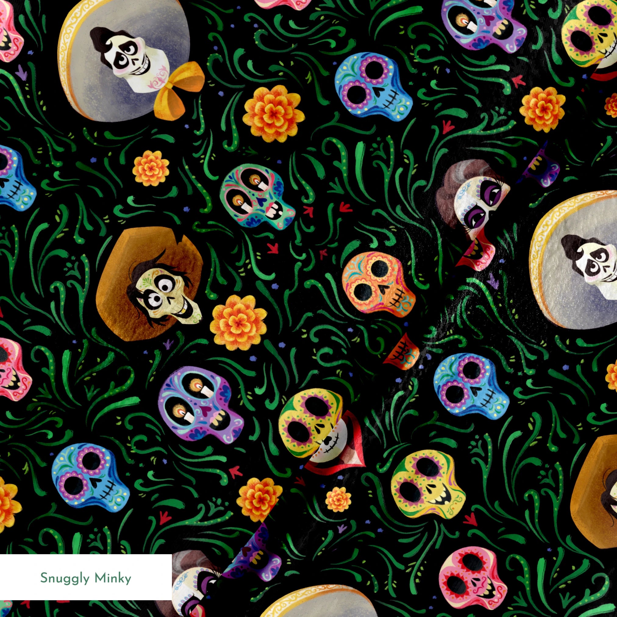 Colorful Coco stylized sugar skulls with sombreros scattered among green vines and orange flowers on black background springs minky texture