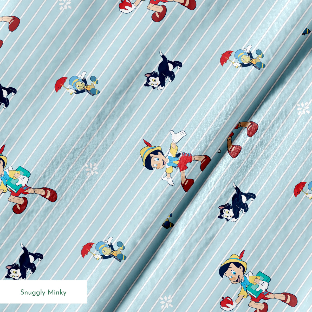 Cartoon pattern with boy character holding apple, black kittens, snowflakes on light blue striped background springs minky texture
