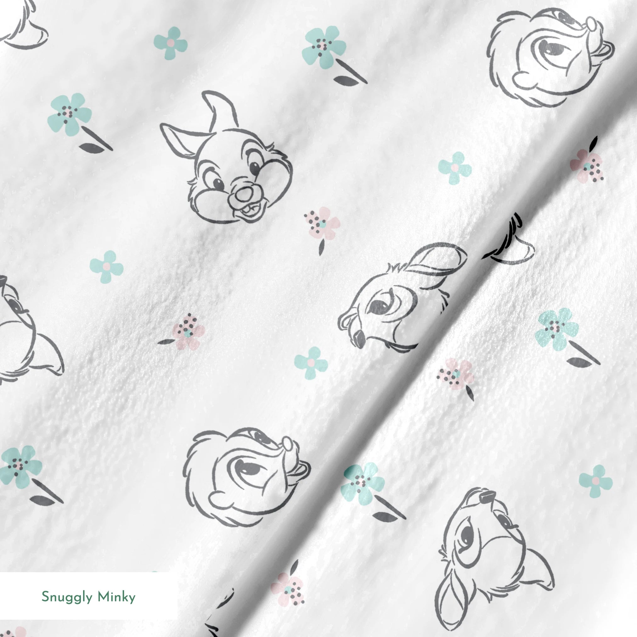 Sketch-style animals from Disney Bambi with pastel flowers on a white background. springs minky texture