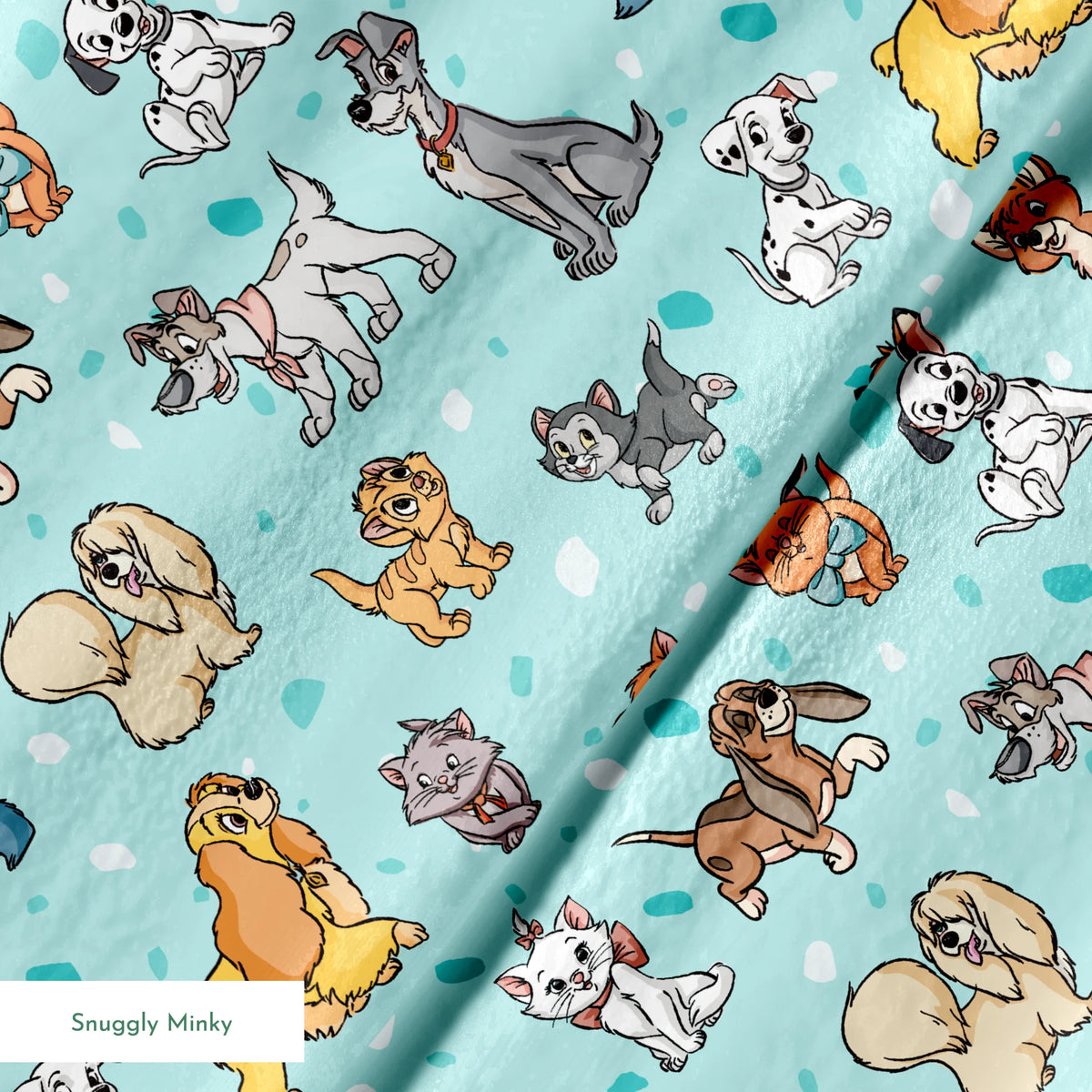 Cartoon-style Disney dogs and cats on a light blue background with scattered spots. springs minky texture