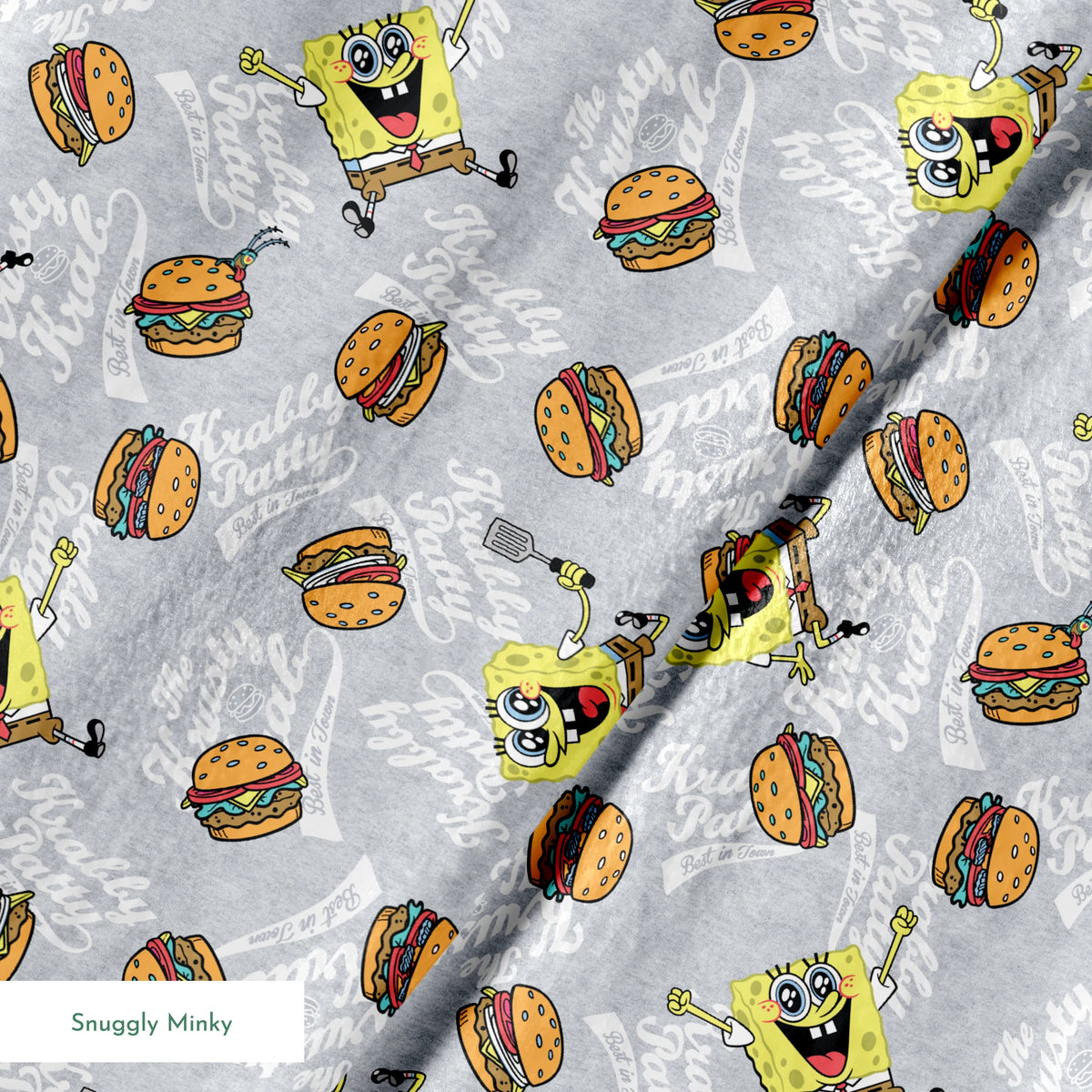 SpongeBob surrounded by Krabby Patties, spatulas, and “The Krusty Krab” text on a heather gray background in a playful cartoon-style design. springs minky texture