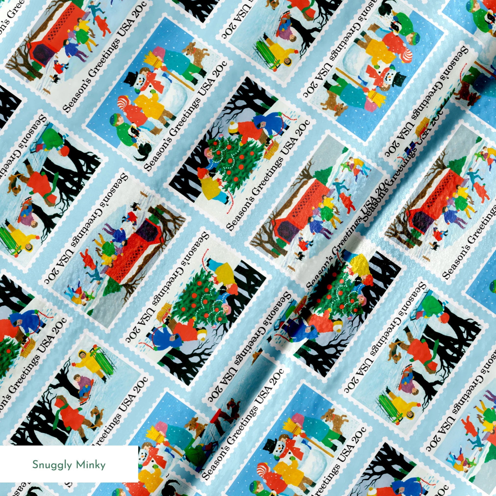 USPS Scenic Season's Greetings Stamps on Blue Fabric