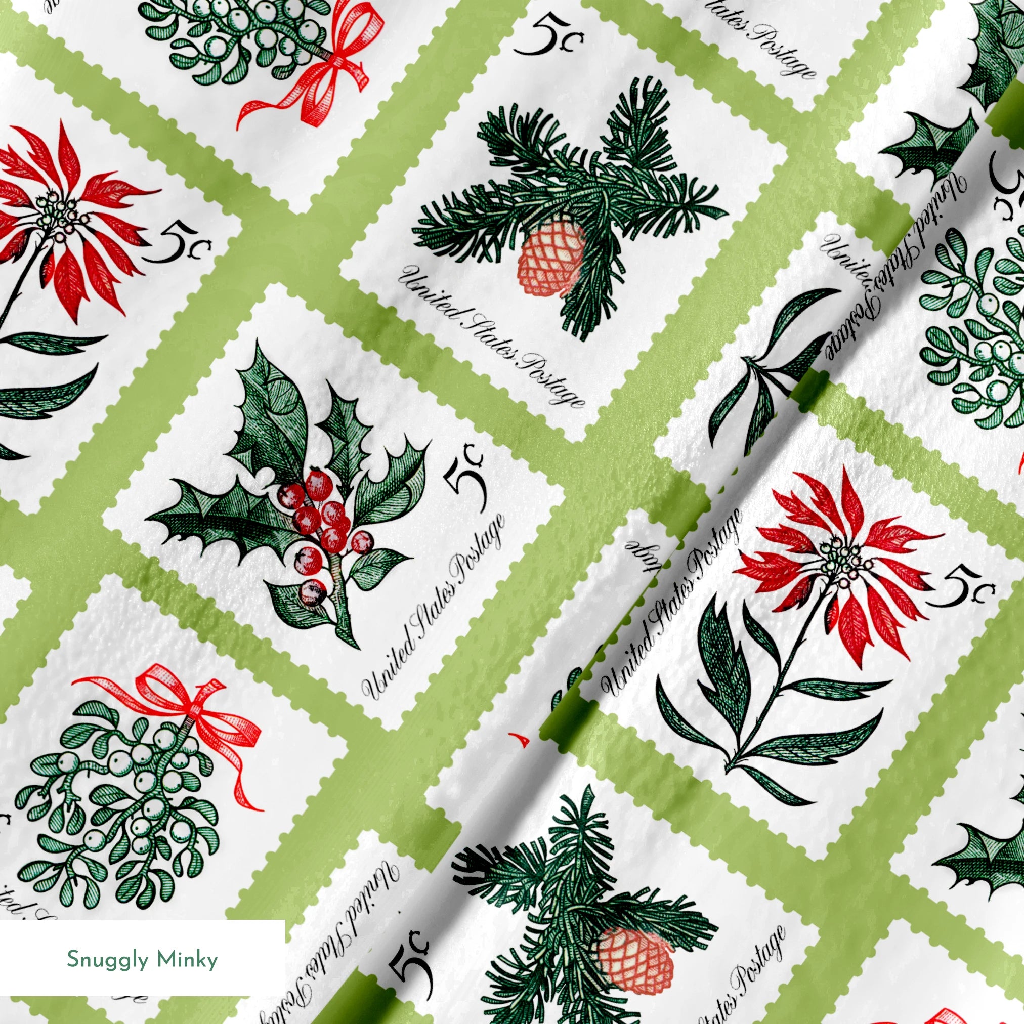 USPS Holiday Botanicals Stamp Collage on Green Fabric