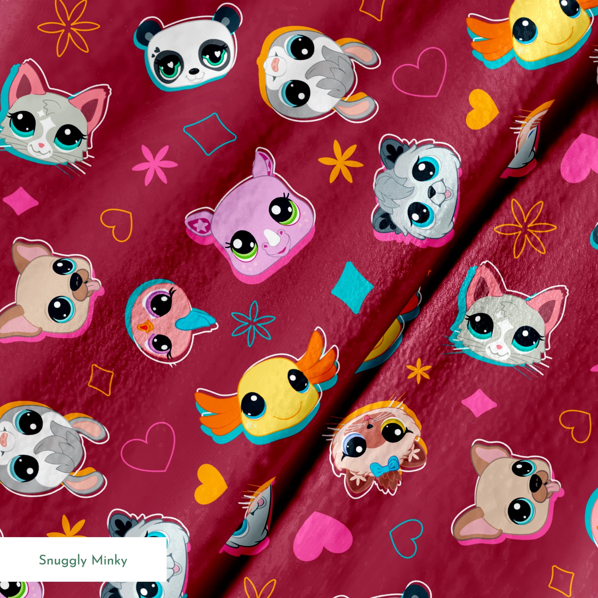 Hasbro Littliest Pet Shop Shapes and Faces on Burgundy Fabric