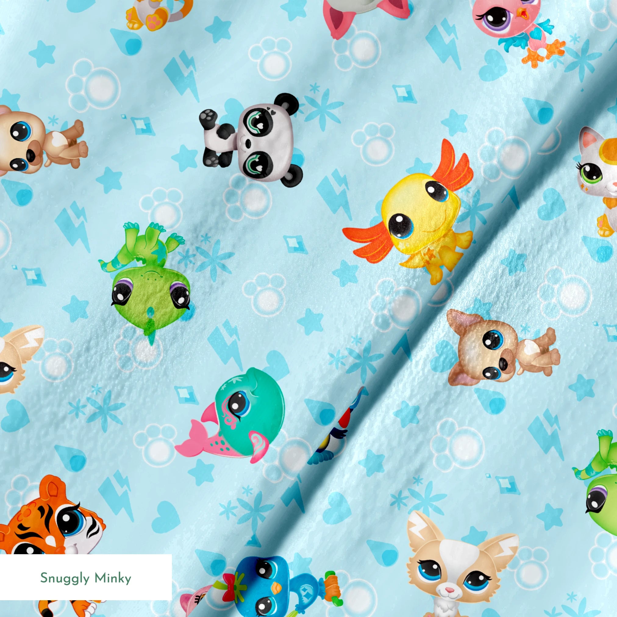 Hasbro Littliest Pet Shop Character Collage on Blue Fabric