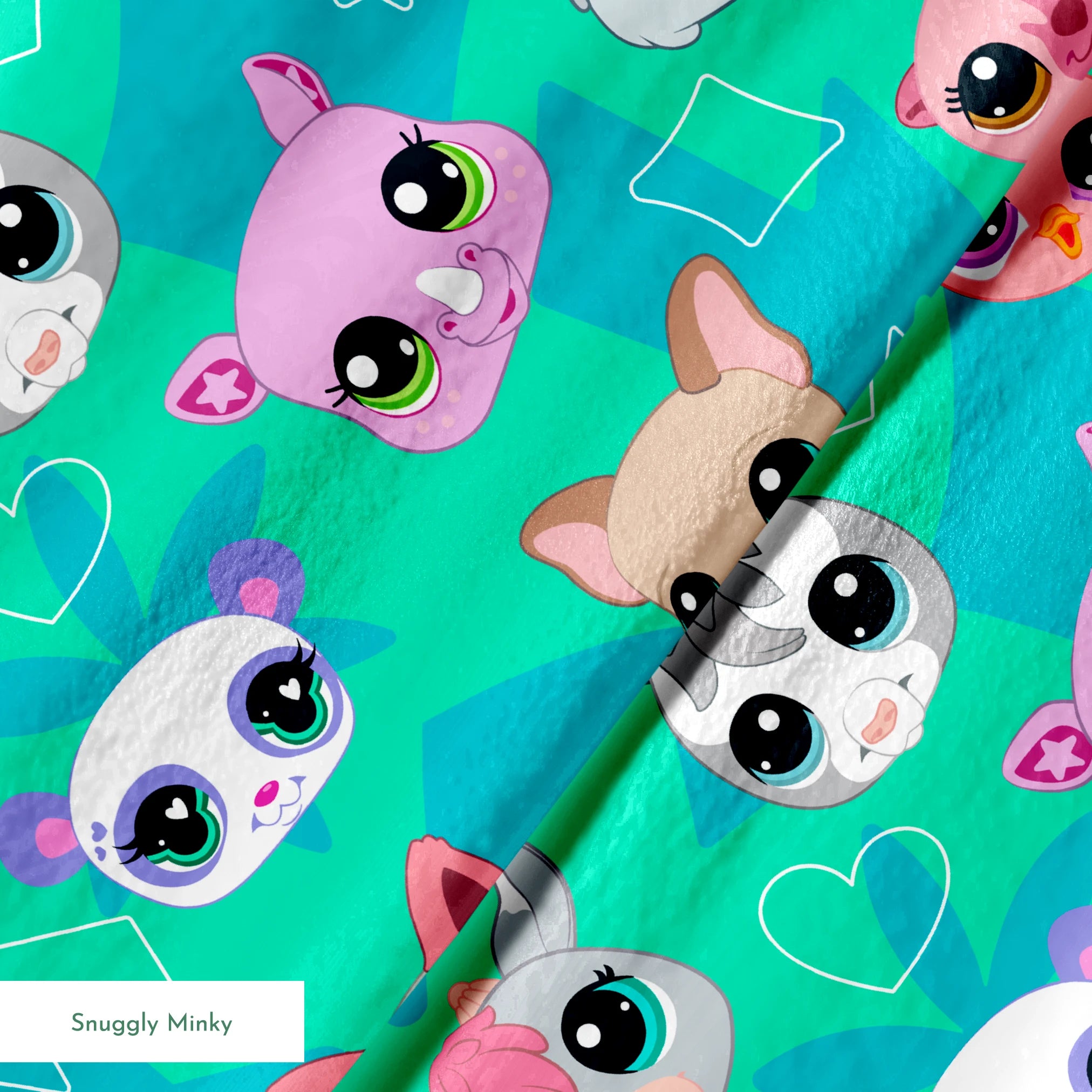 Hasbro Littliest Pet Shop Cute Faces Toss on Seafoam Green Fabric