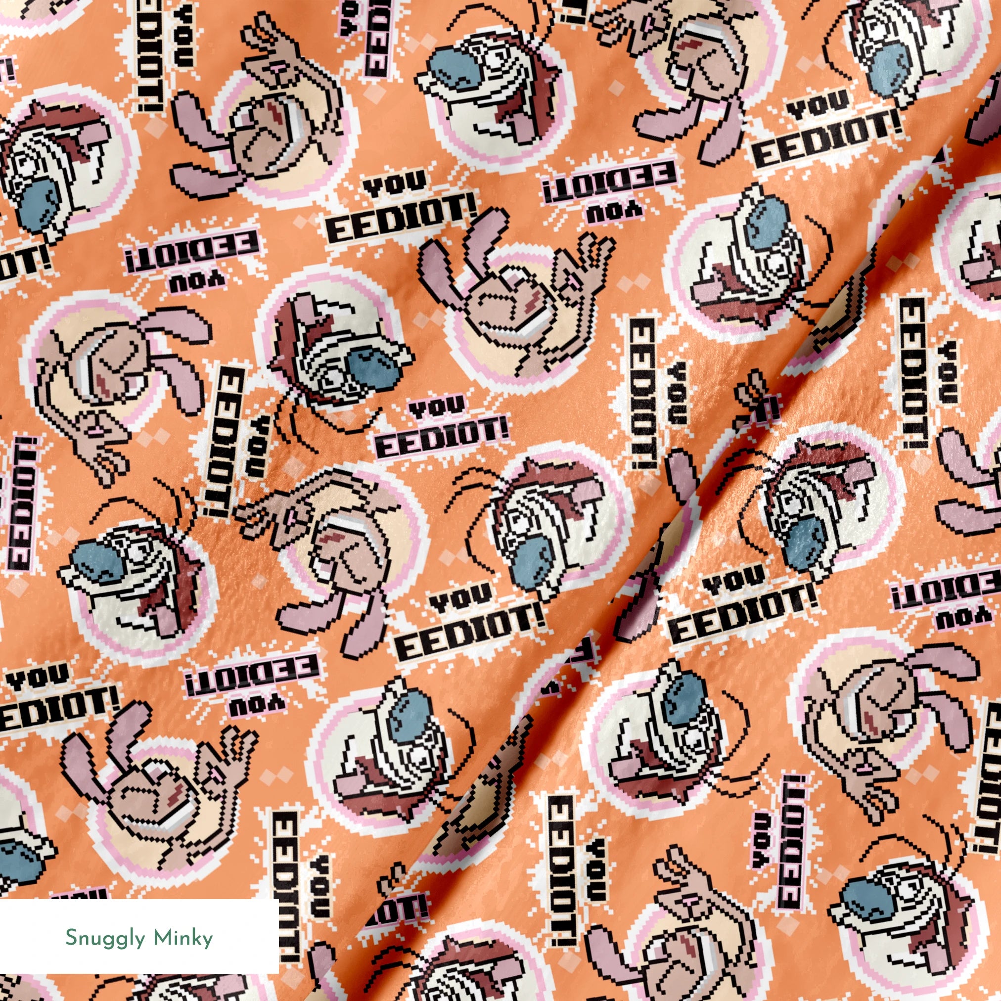 Ren & Stimpy EEDIOT! Pixels on Orange Fabric