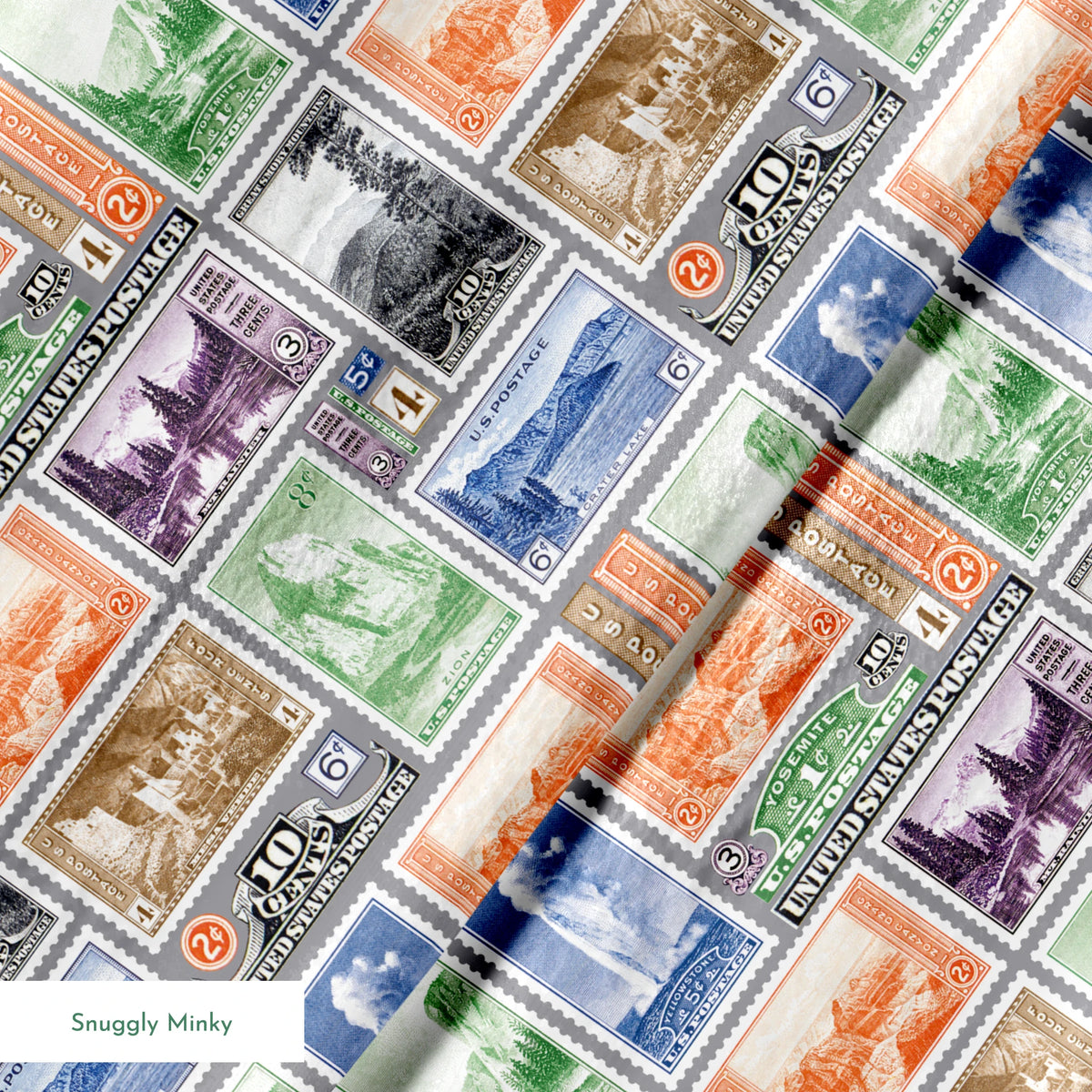 USPS National Park Stamps on Gray Fabric