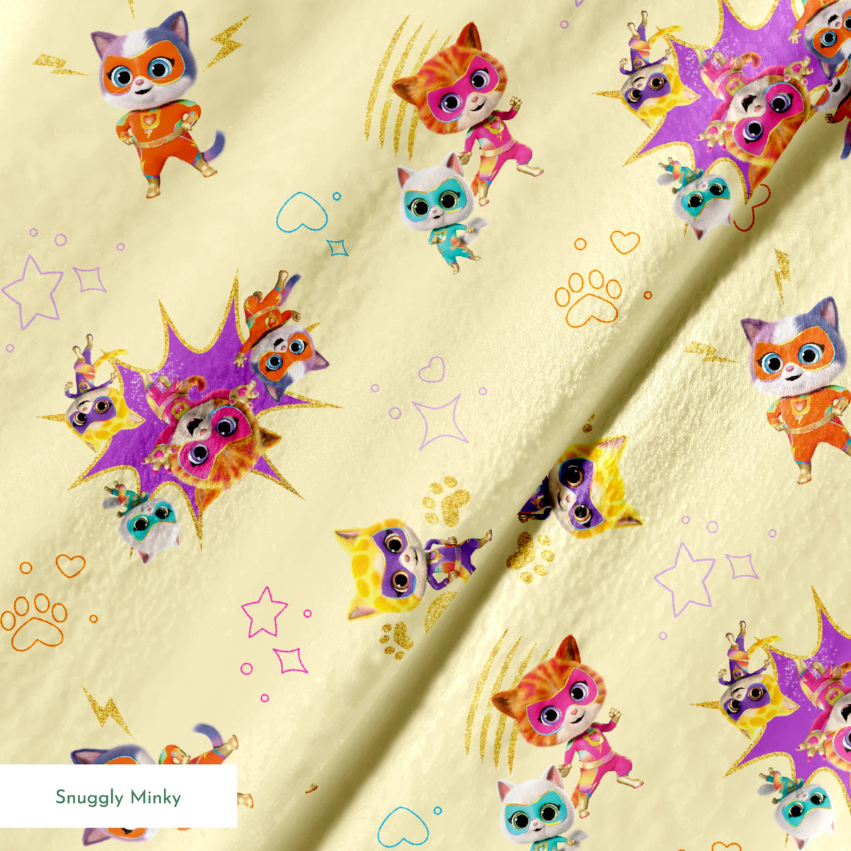 Disney Jr's. SuperKitties Fierce Fighters on Yellow Fabric