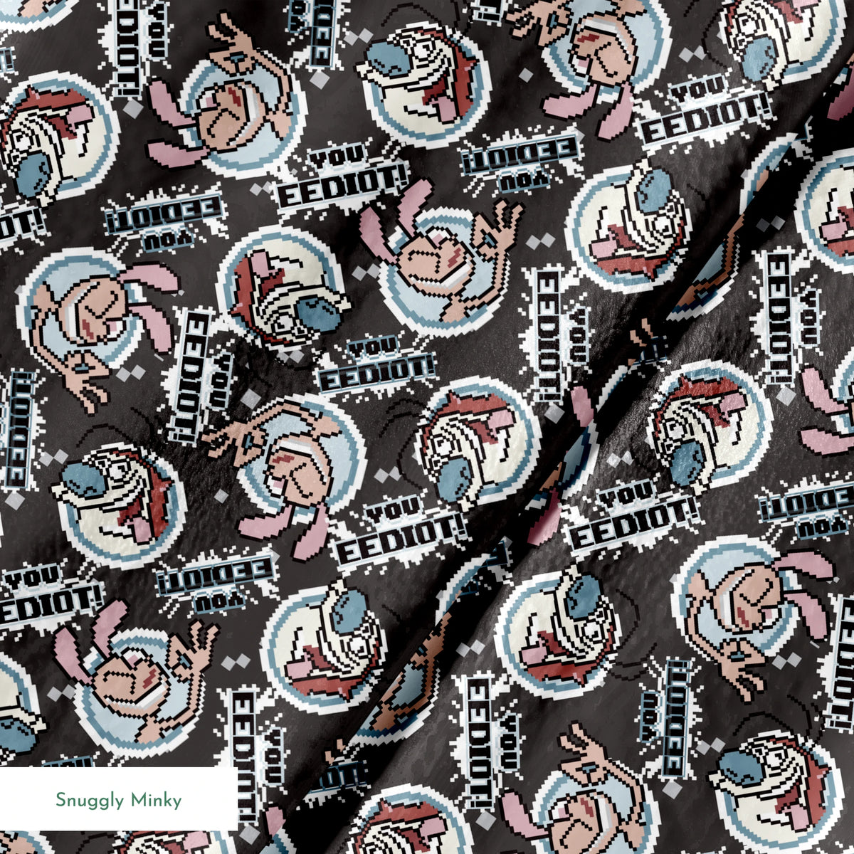 Ren & Stimpy EEDIOT! Pixels on Gray Fabric