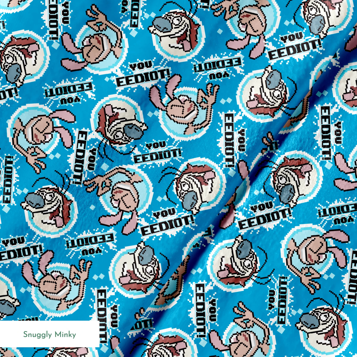 Ren & Stimpy EEDIOT! Pixels on Blue Fabric