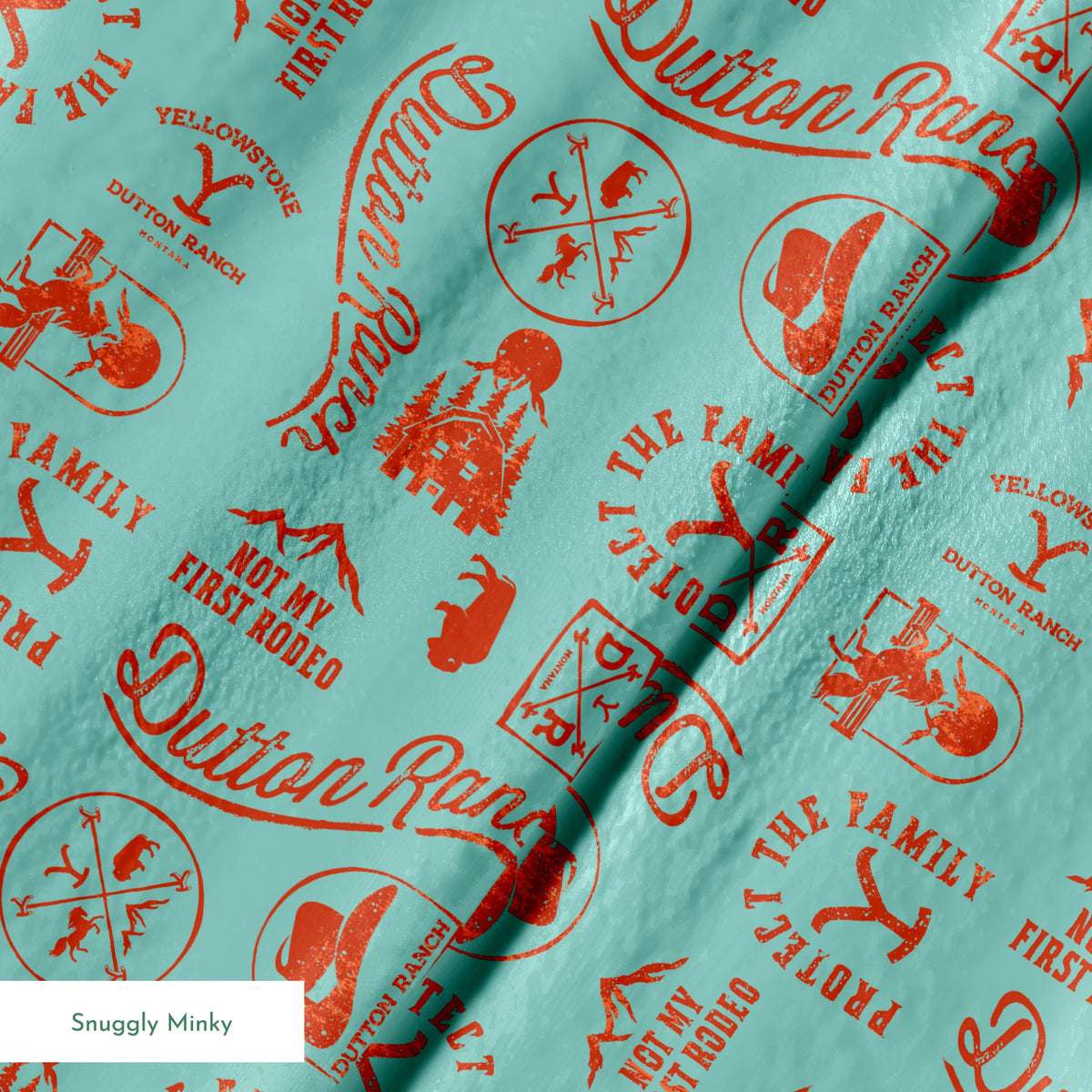 Paramount Yellowstone Dutton Ranch Icons on Aqua Fabric