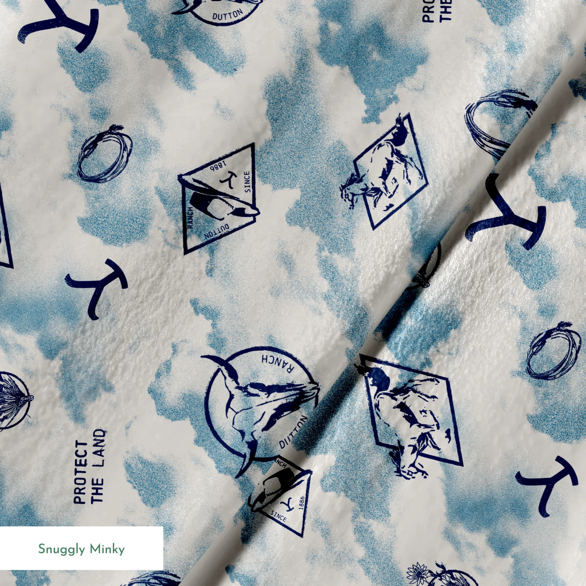 Paramount Yellowstone Icons in the Clouds on Blue Fabric