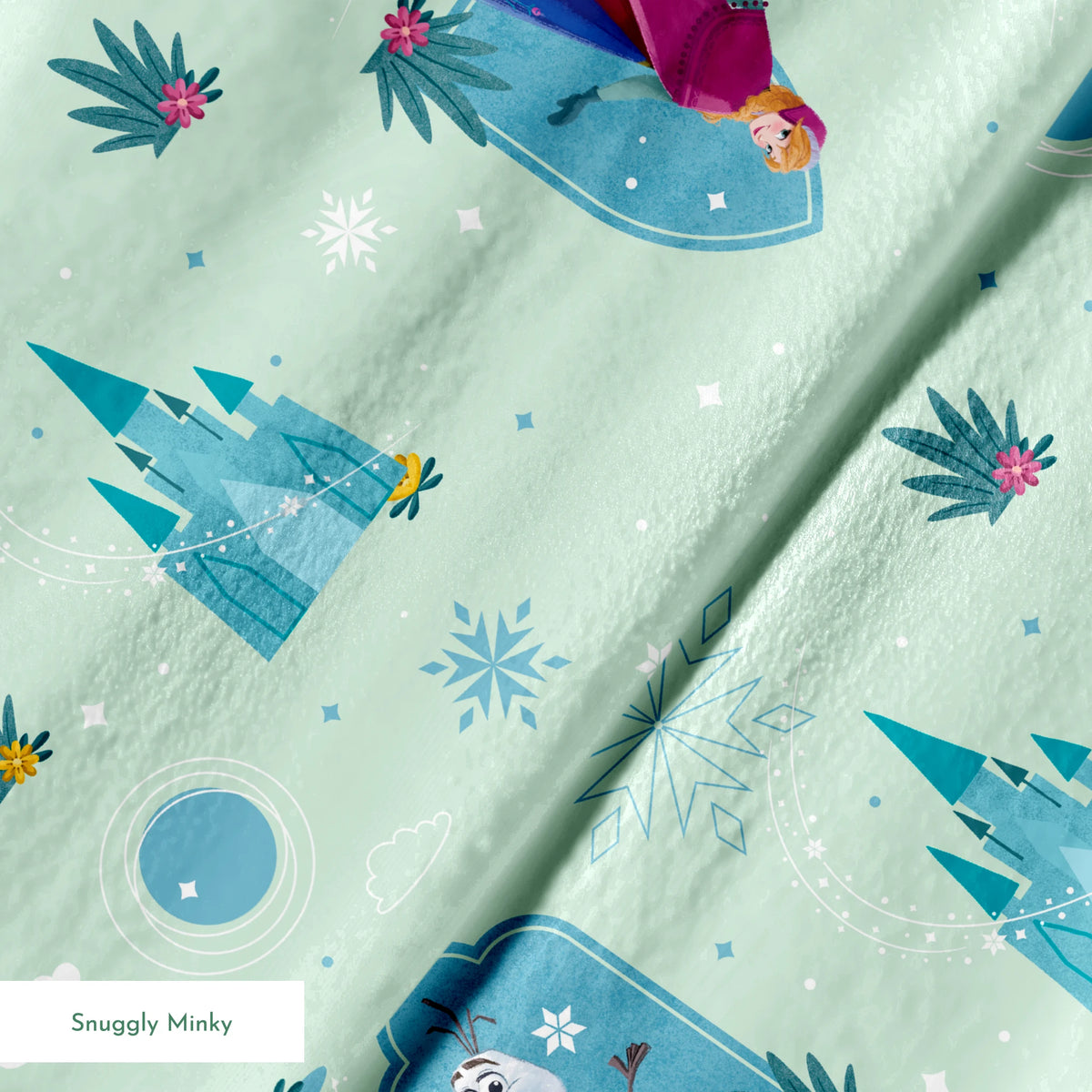 Disney Frozen Falling Snow on Green Fabric