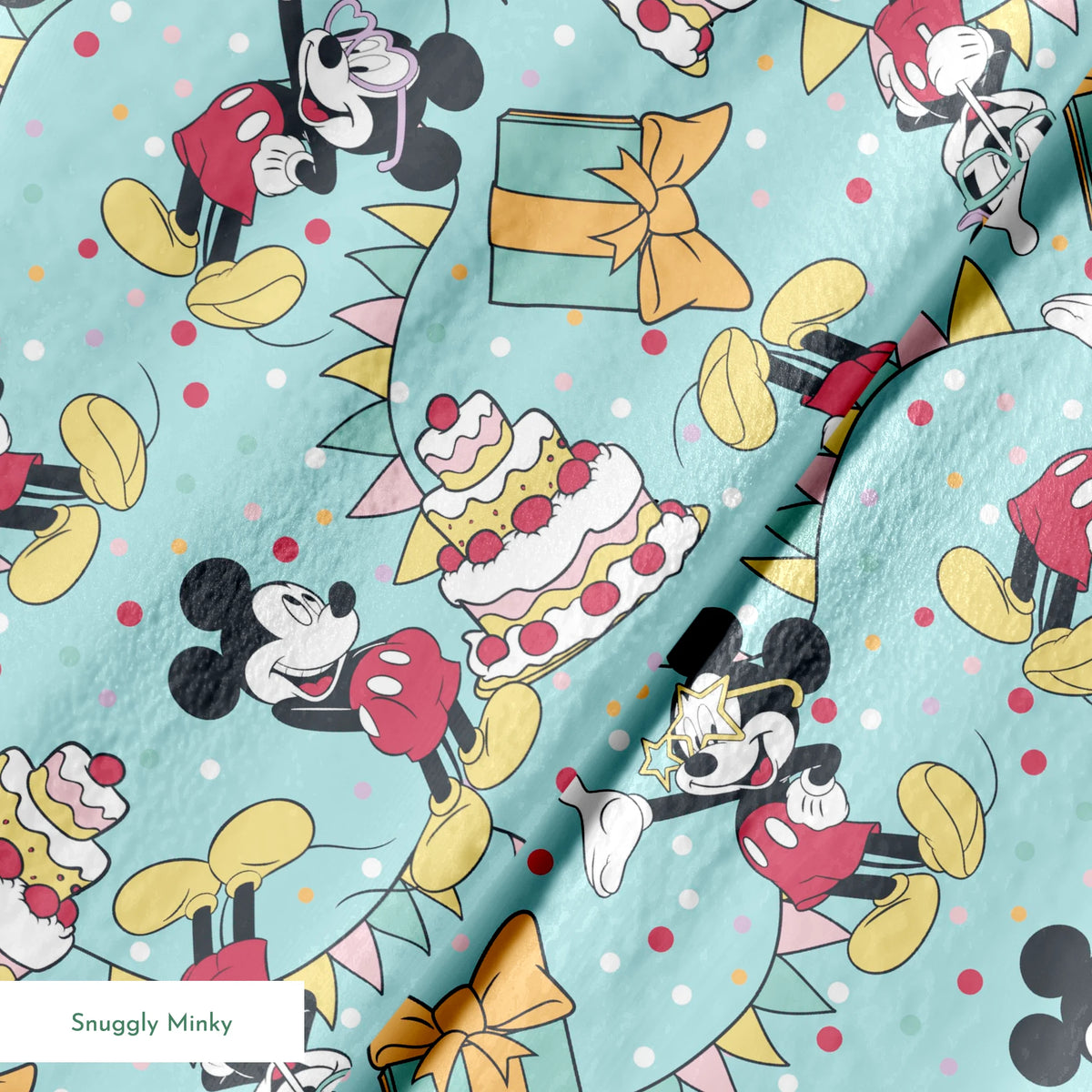 Mickey Mouse celebrating with cakes, presents, and colorful party decorations on light blue background.