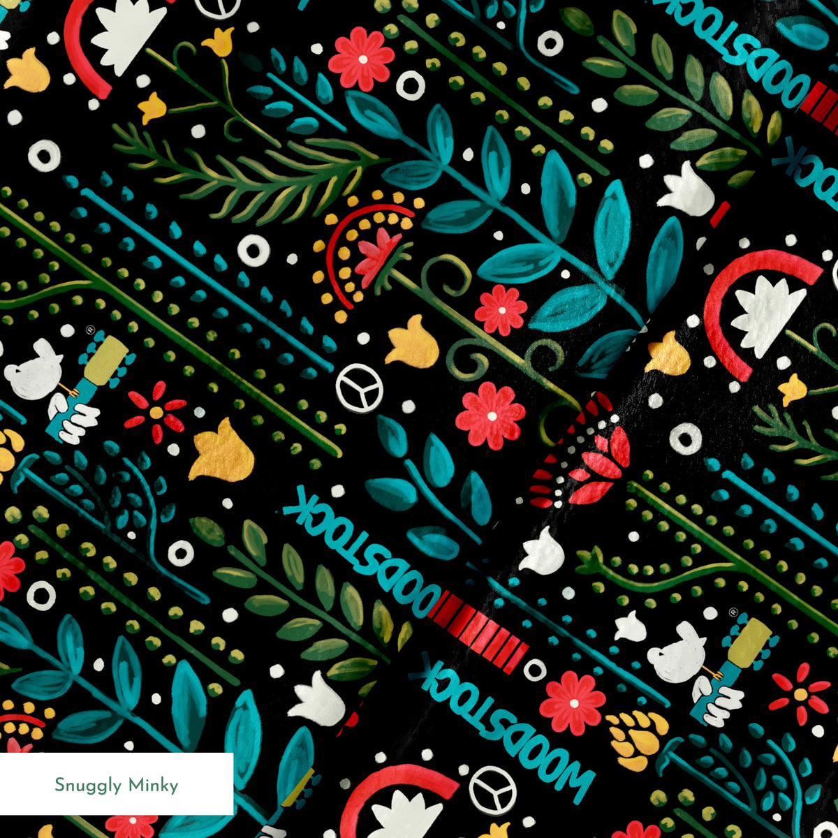 Woodstock Retro Greenery on Black Fabric