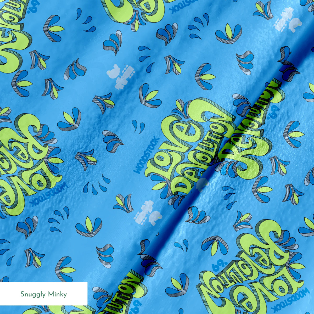 Woodstock Love Revolution on Blue Fabric
