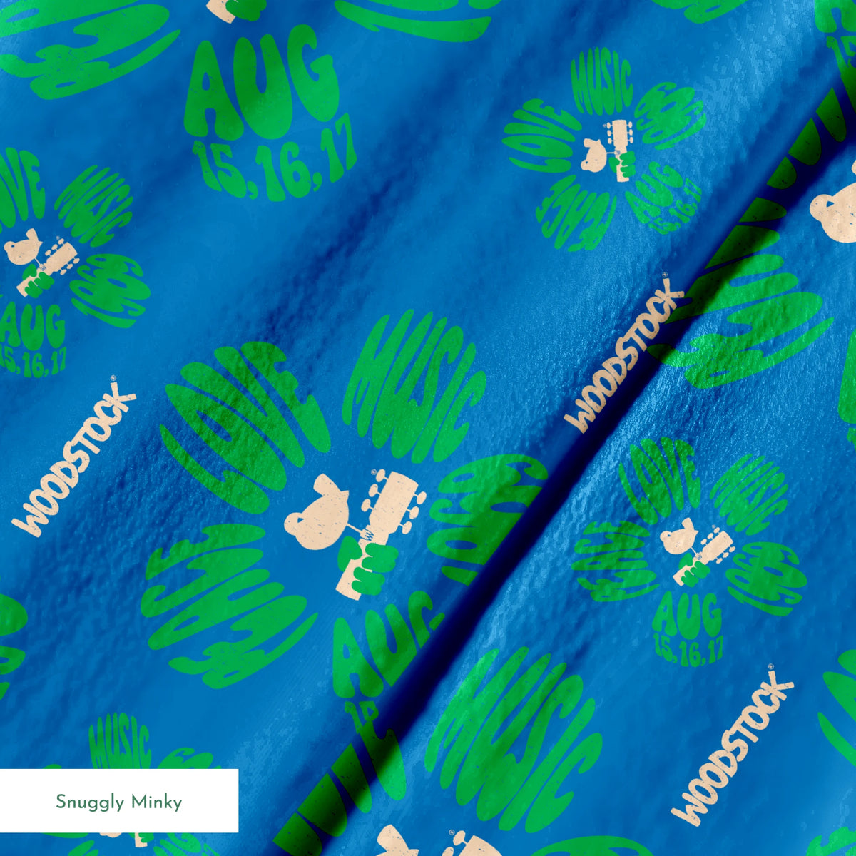 Woodstock Peace, Love, Music Florals on Blue Fabric