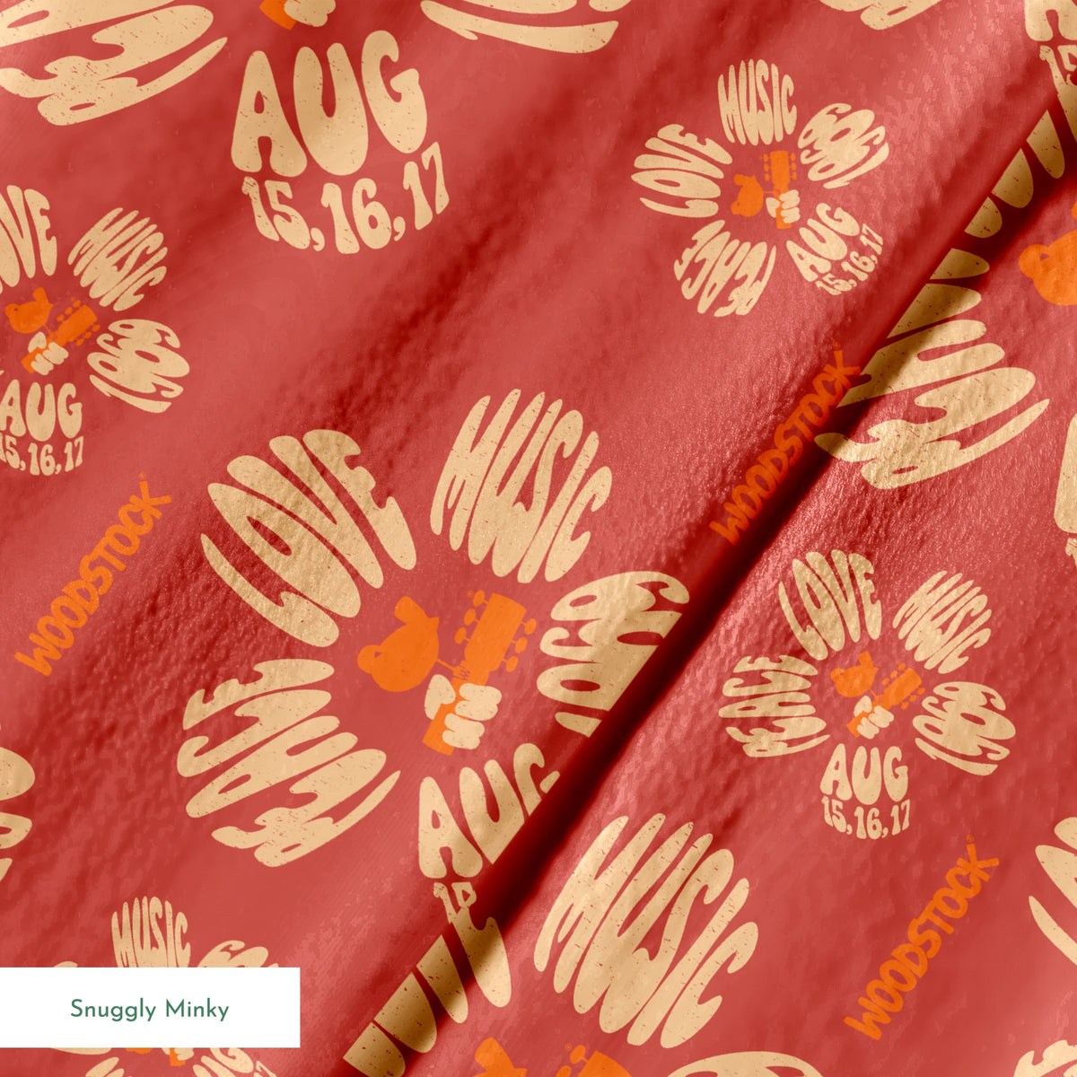 Woodstock Peace, Love, Music Florals on Rust Fabric